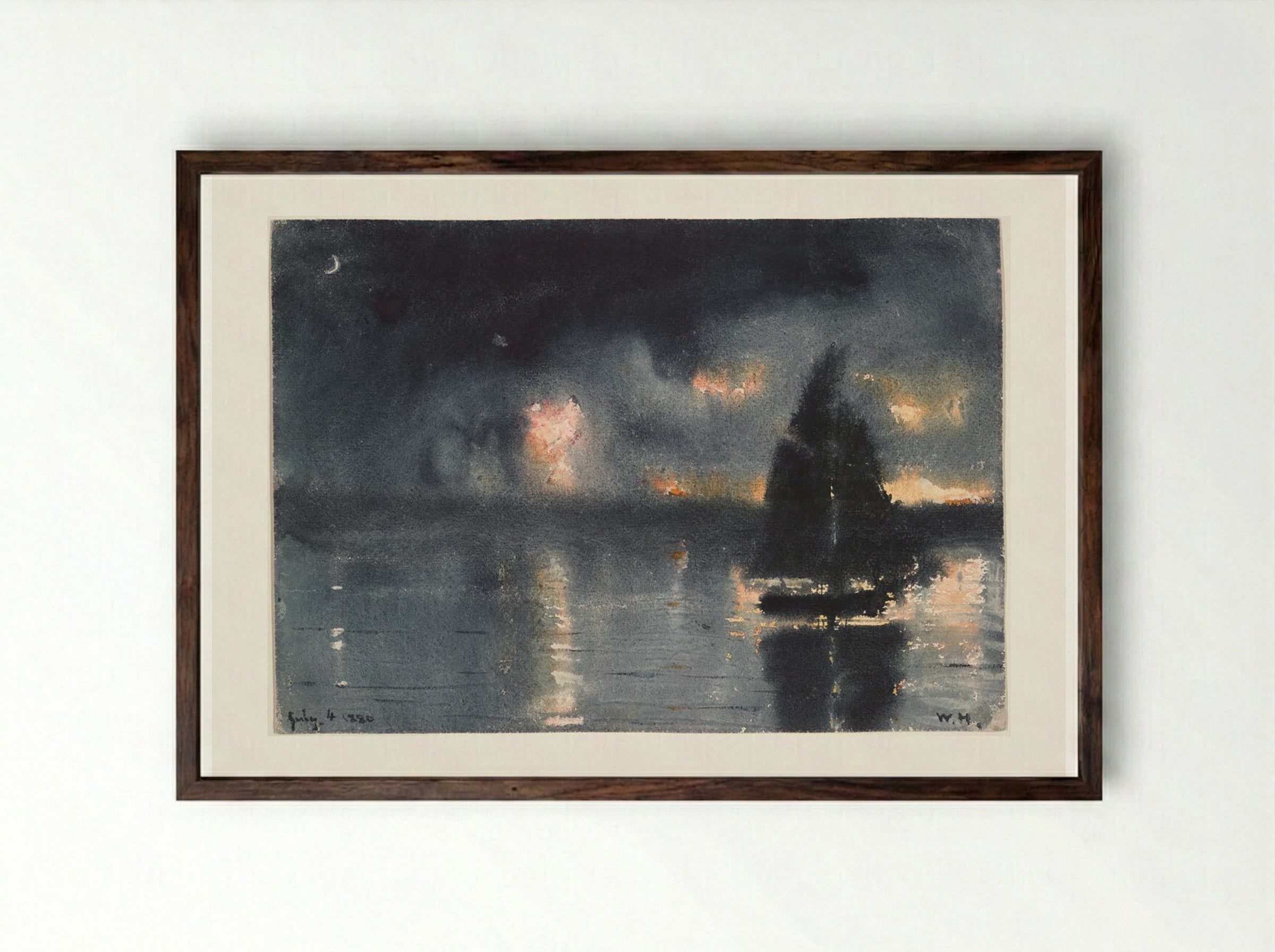 Sailboat and Fourth of July Fireworks - Winslow Homer - Framed Print Dark Wood