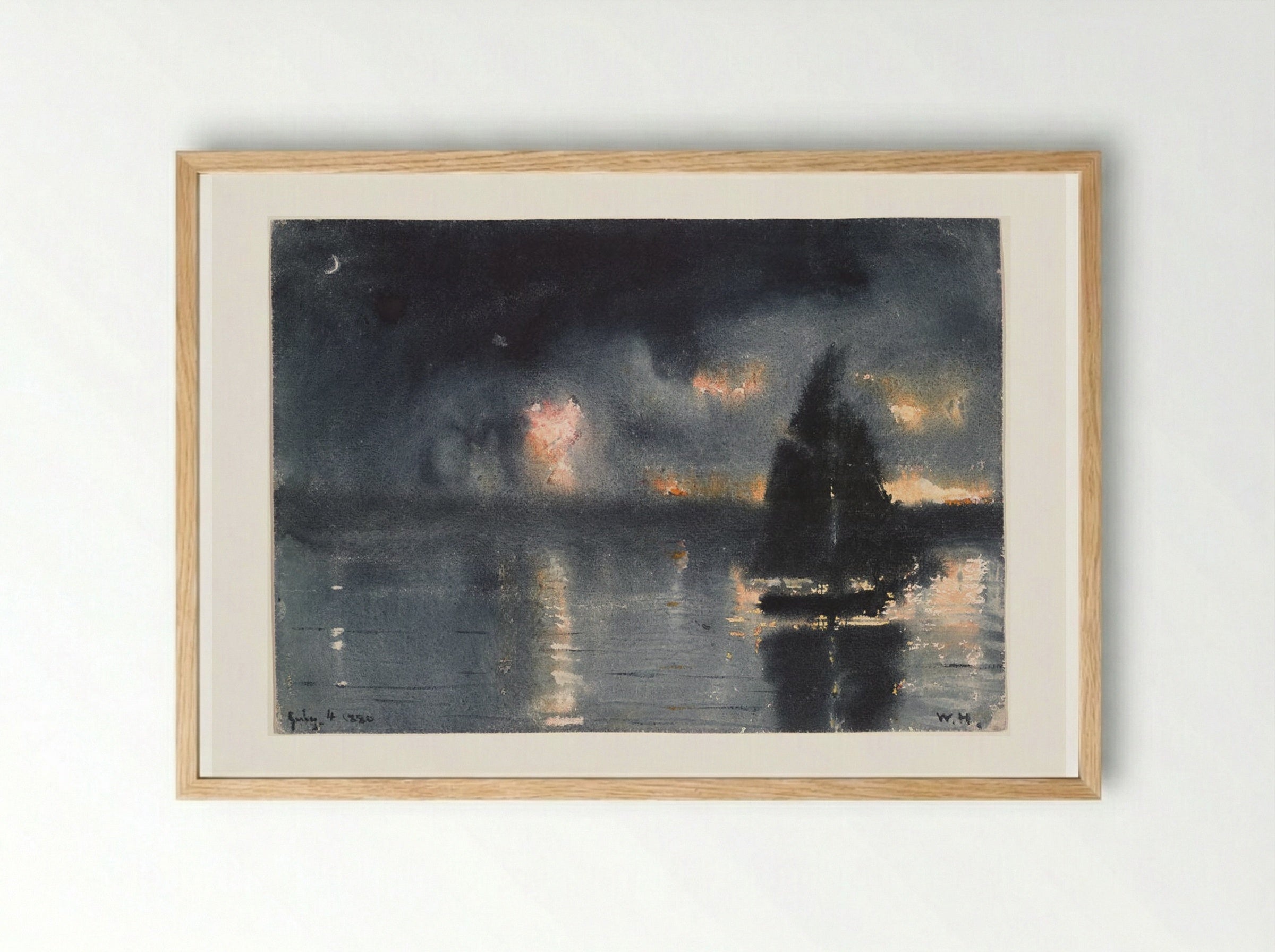 Sailboat and Fourth of July Fireworks - Winslow Homer - Framed Print Wood