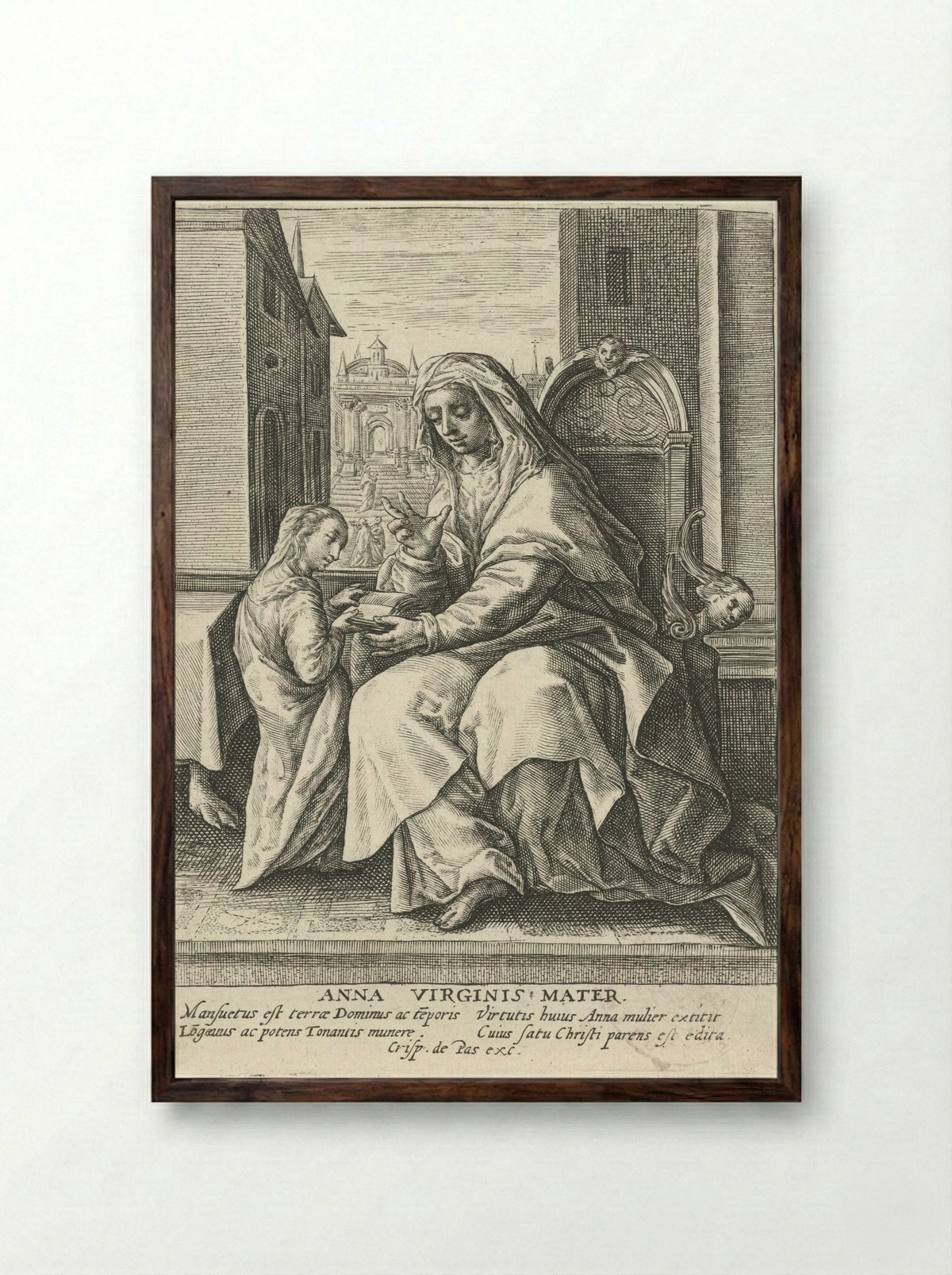 Saint Anne Teaching the Virgin Mary - Crispijn van de Passe (I) - Framed Print Dark Wood