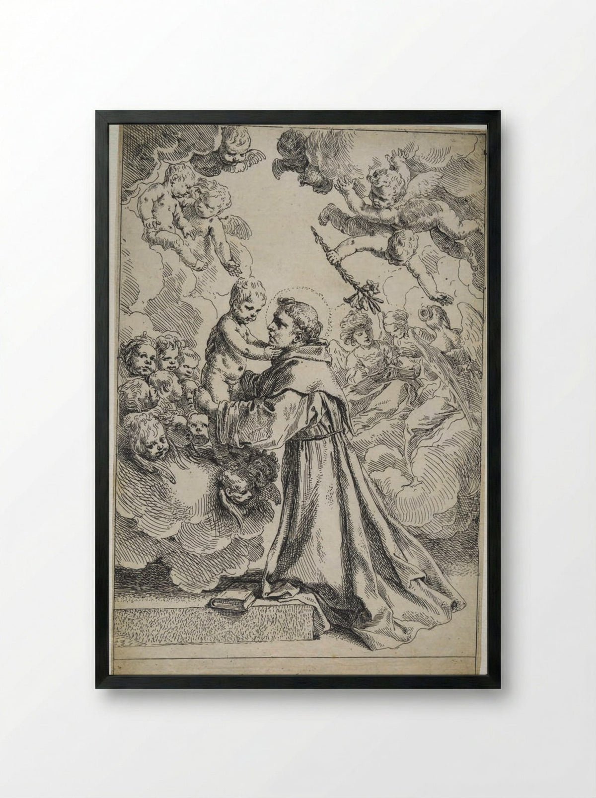 Saint Anthony of Padua Adoring the Christ Child - Simone Cantarini - Framed Print Black
