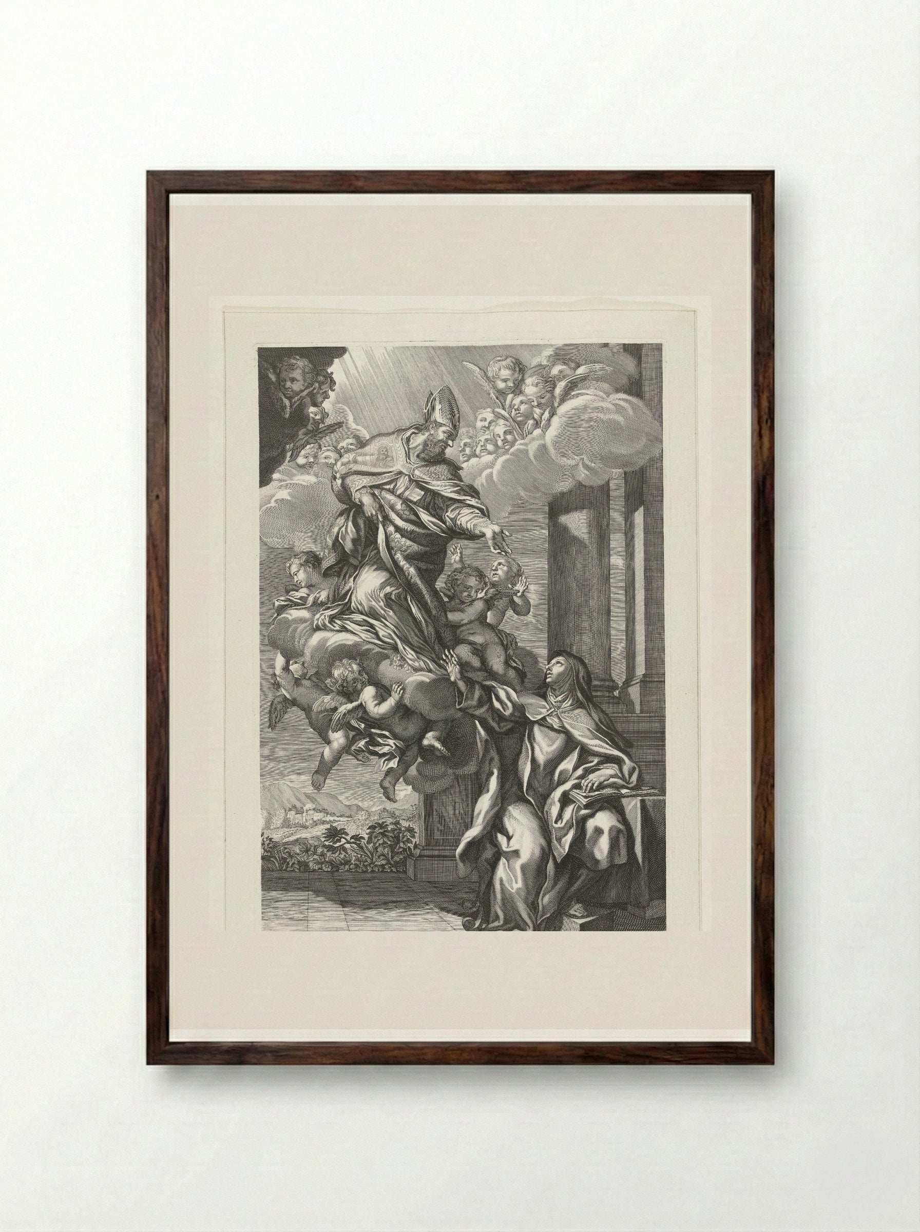 Saint Augustine of Hippo Appearing to Saint Mary Magdalene de' Pazzi - Giovanni Giacomo de' Rossi - Framed Print Dark Wood