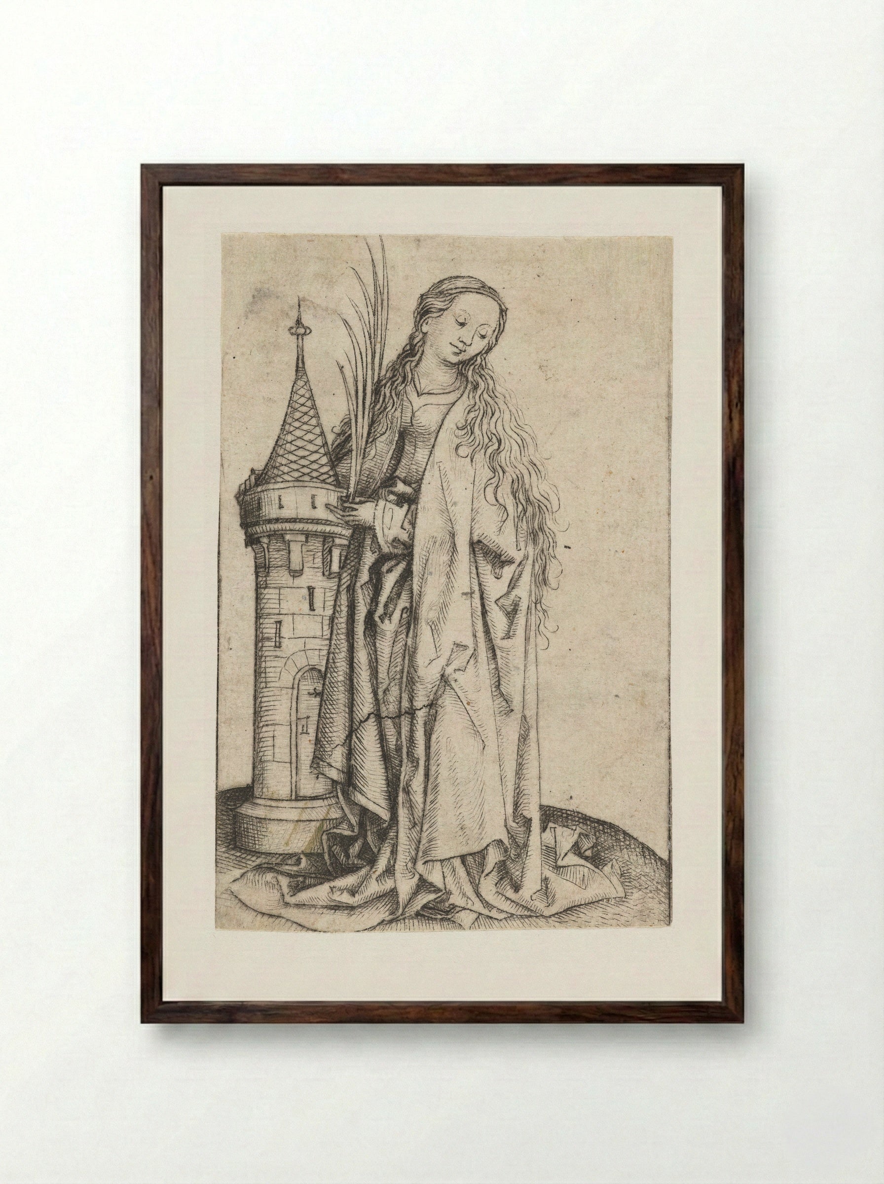Saint Barbara (Large Version) - Master of the Amsterdam Cabinet - Framed Print Dark Wood