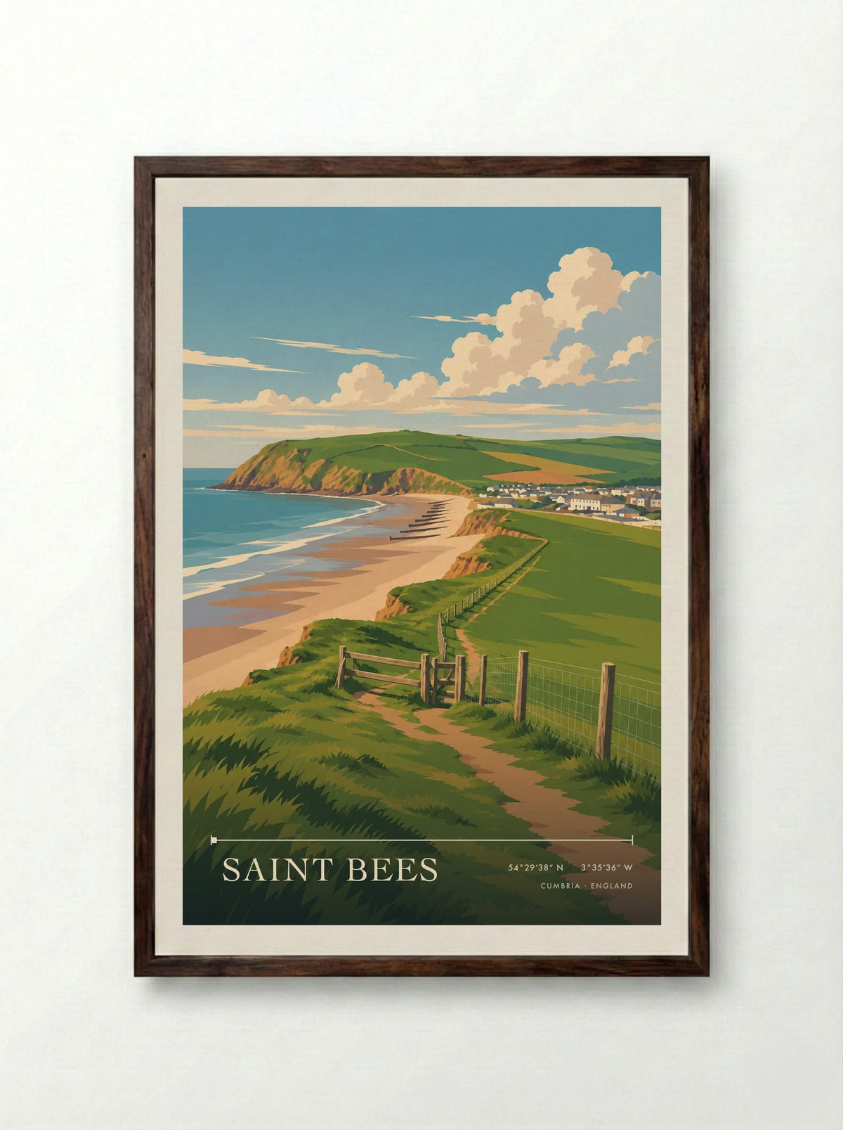 Saint Bees, Cumbria | Travel Poster - Framed Print Dark Wood