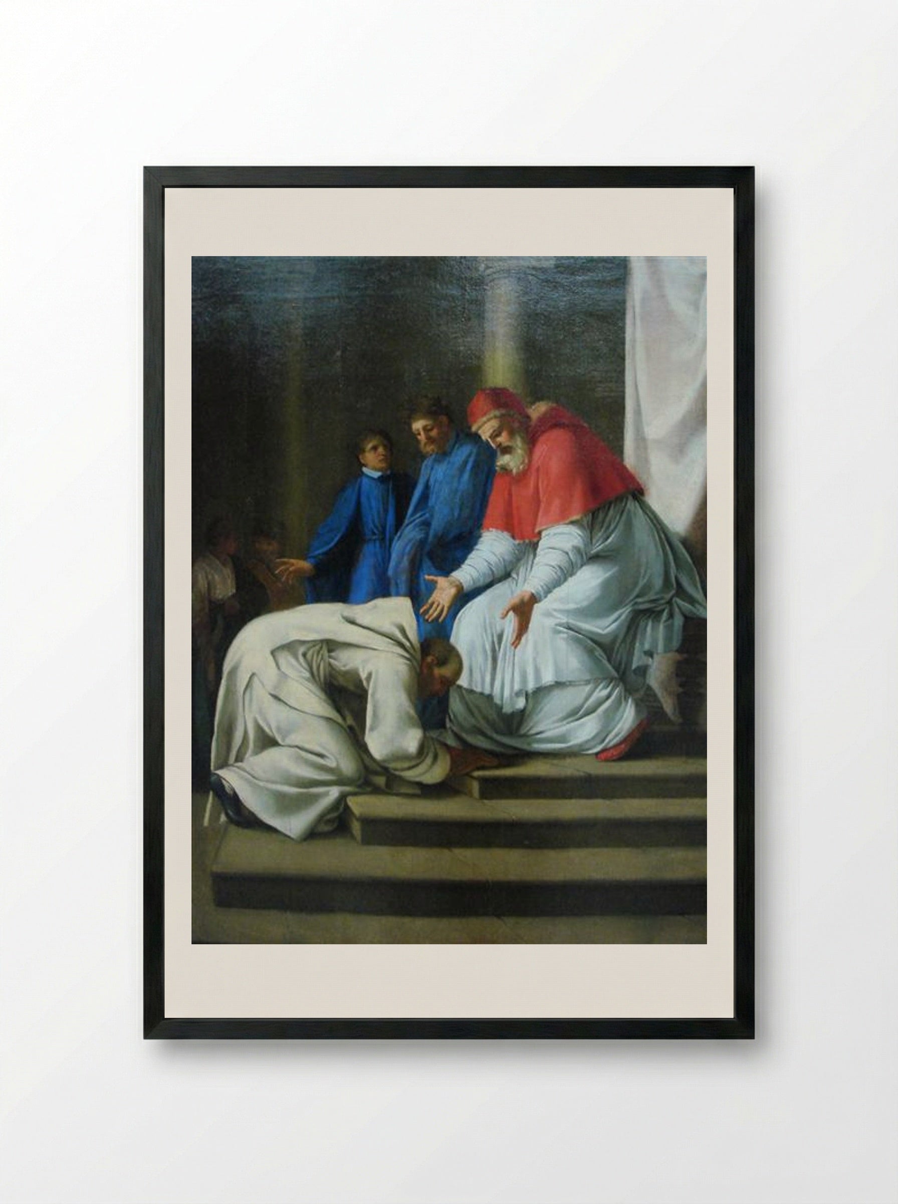 Saint Bruno at the feet of Pope Urban II - Eustache Le Sueur - Framed Print Black