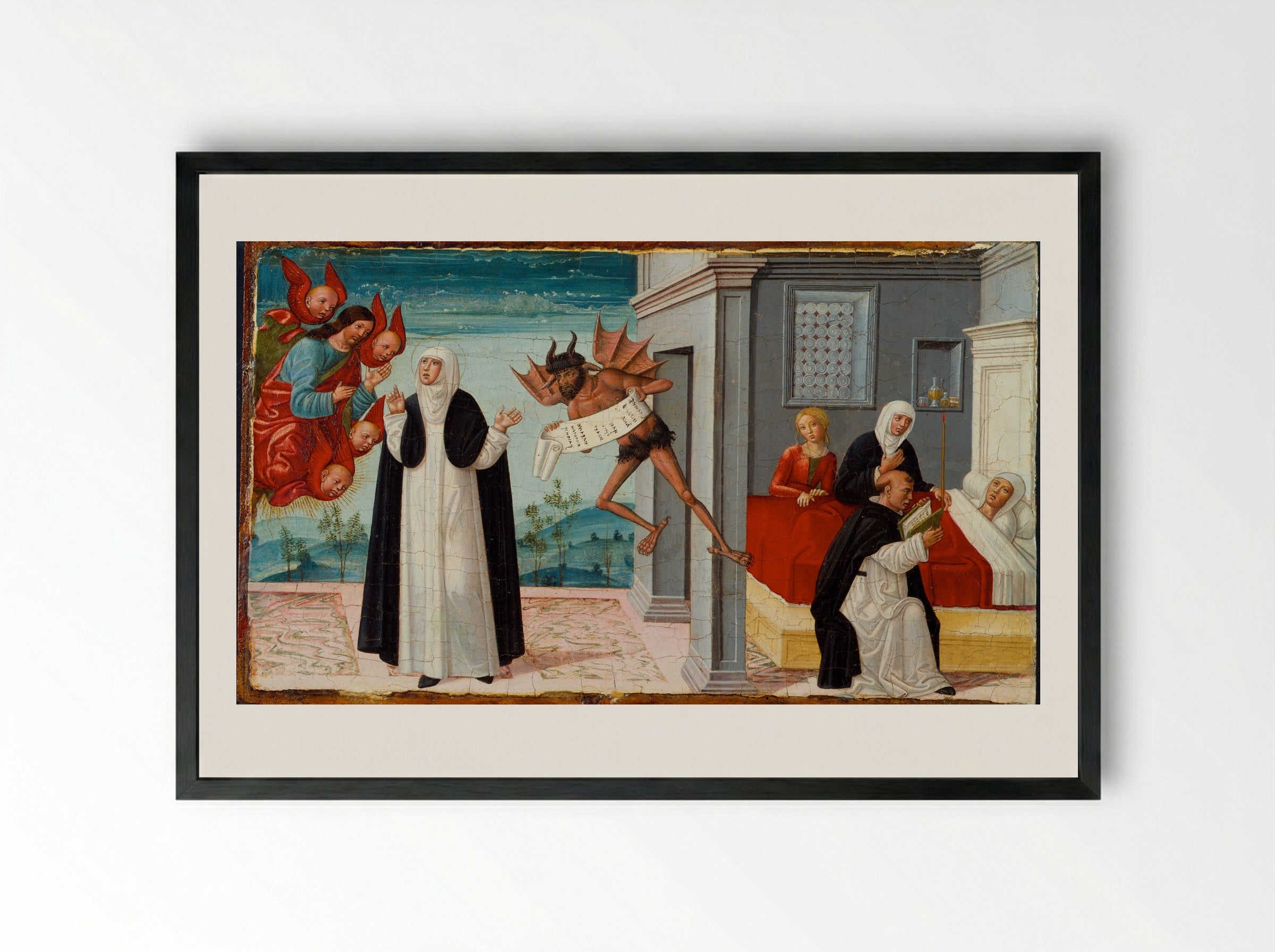 Saint Catherine of Siena Intercedes with Christ to Release the Dying Sister Palmerina from Her Pact with the Devil - Girolamo di Benvenuto di Giovanni del Guasta - Framed Print Black