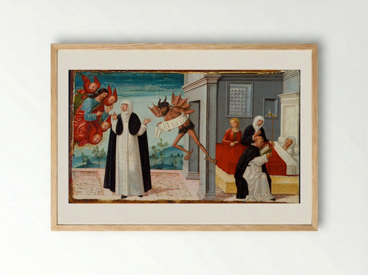 Saint Catherine of Siena Intercedes with Christ to Release the Dying Sister Palmerina from Her Pact with the Devil - Girolamo di Benvenuto di Giovanni del Guasta - Framed Print Wood