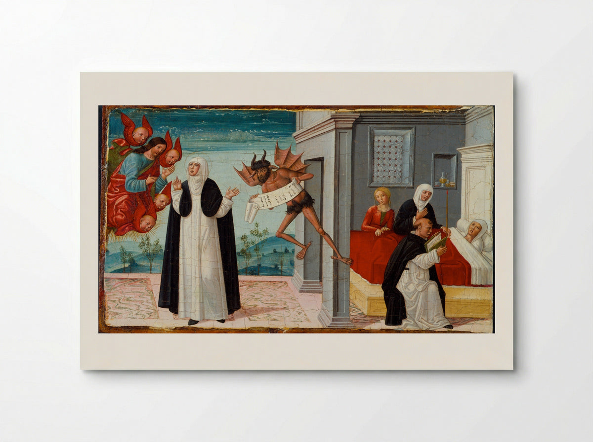Saint Catherine of Siena Intercedes with Christ to Release the Dying Sister Palmerina from Her Pact with the Devil - Girolamo di Benvenuto di Giovanni del Guasta - Poster