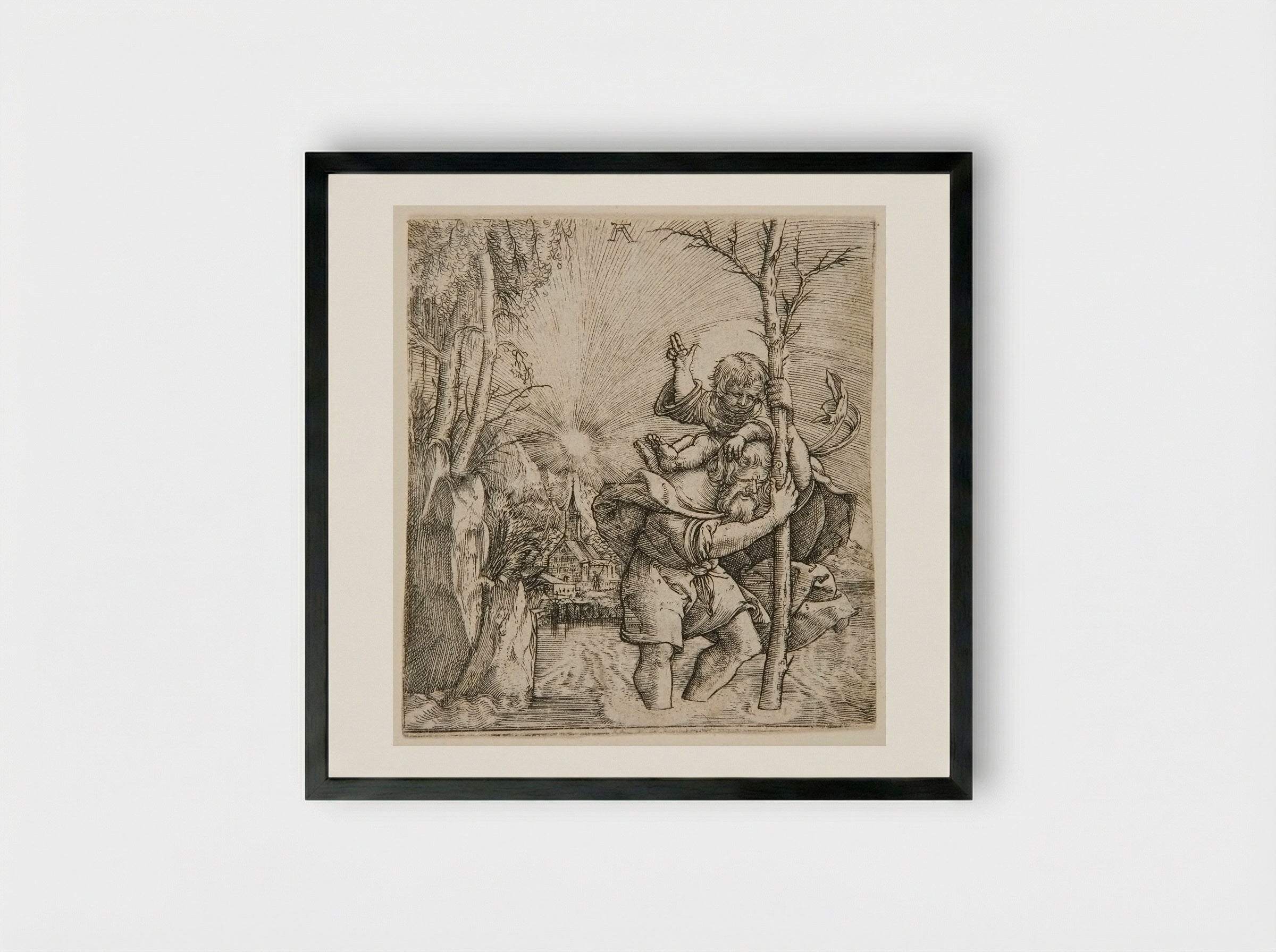 Saint Christopher Carrying the Christ Child - Albrecht Altdorfer - Framed Print Black