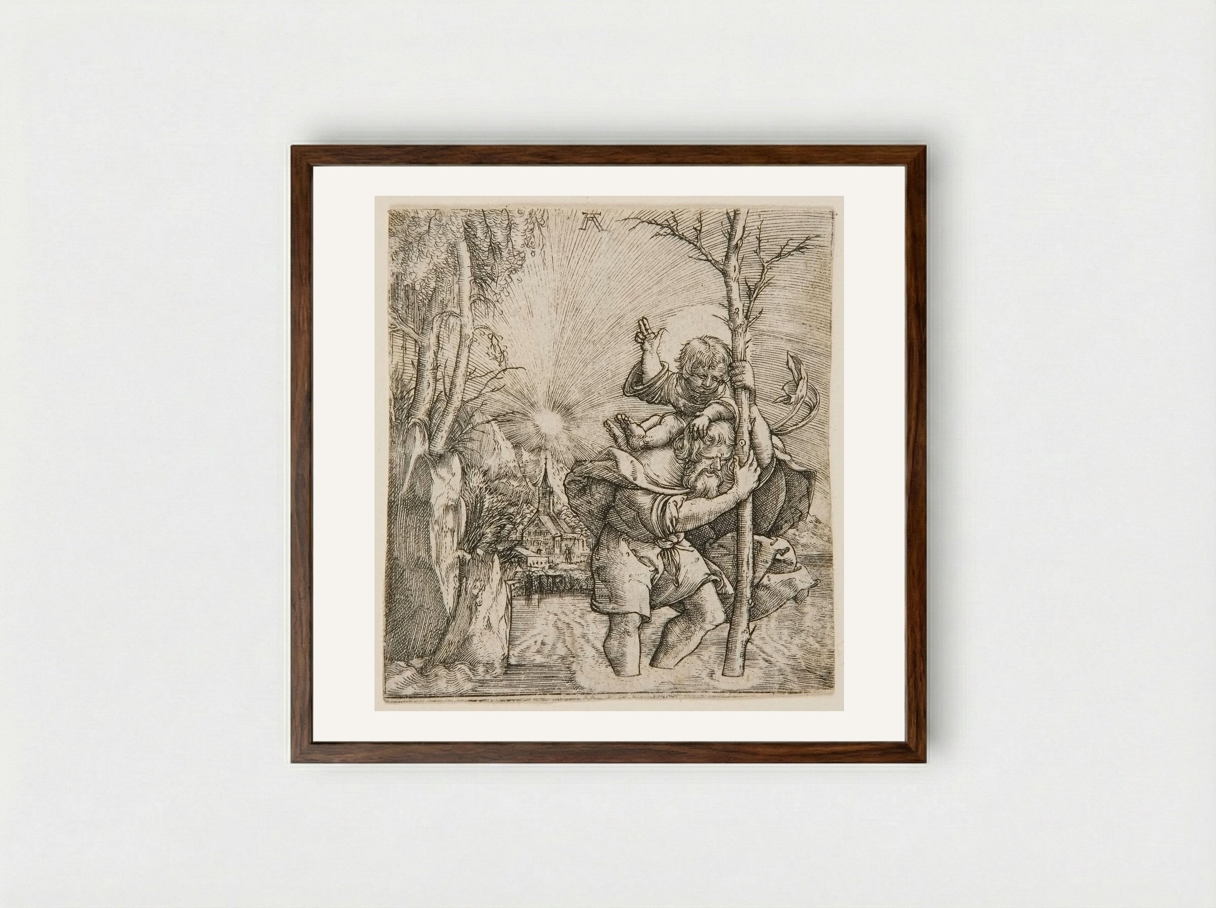 Saint Christopher Carrying the Christ Child - Albrecht Altdorfer - Framed Print Dark Wood