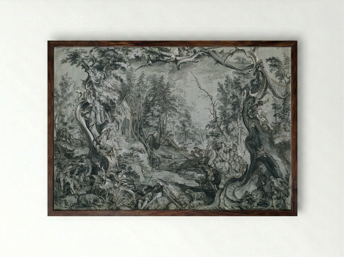 Saint Deicolus and the Boar - Johann Wolfgang Baumgartner - Framed Print Dark Wood