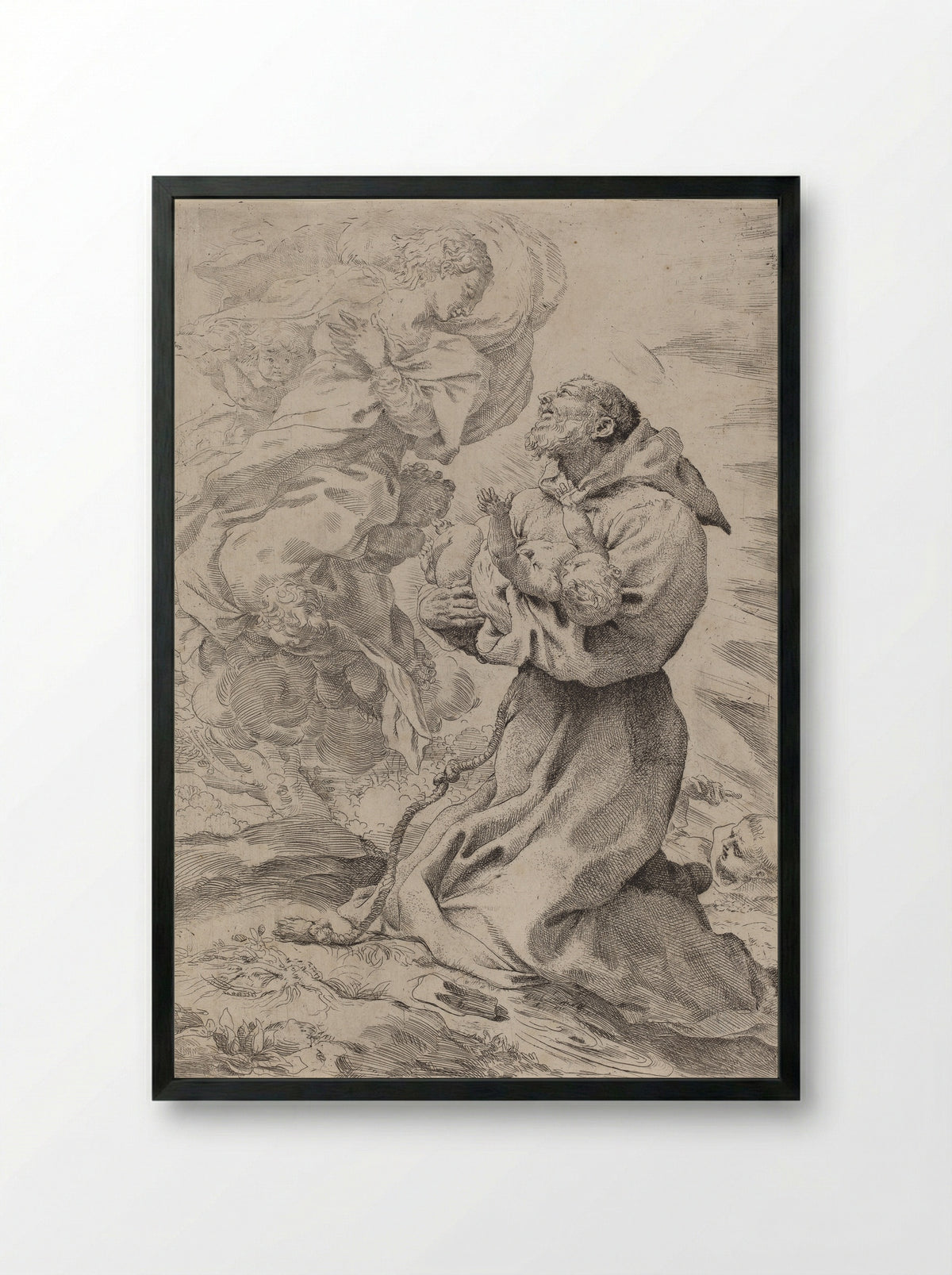 Saint Francis Receiving the Christ Child from the Virgin - Pietro Faccini - Framed Print Black