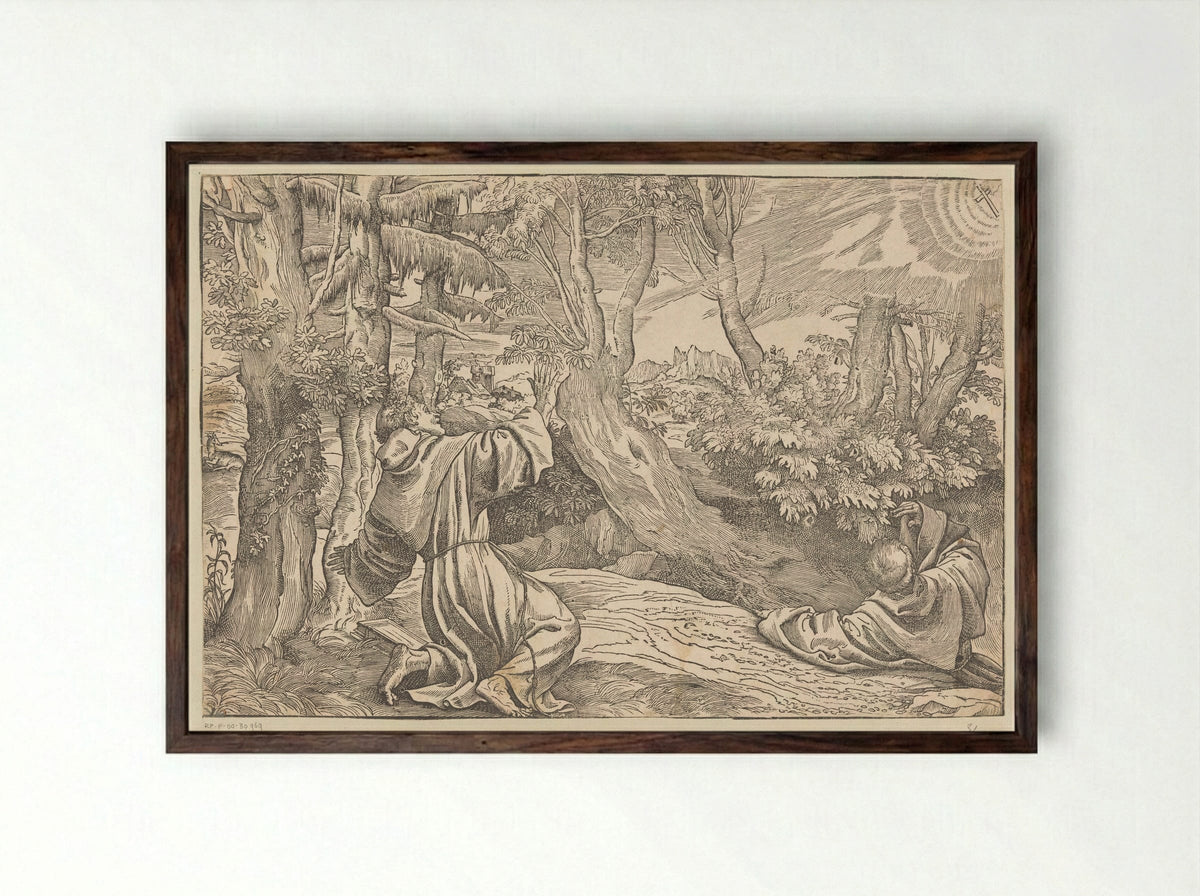 Saint Francis Receiving the Stigmata - Titian - Framed Print Dark Wood