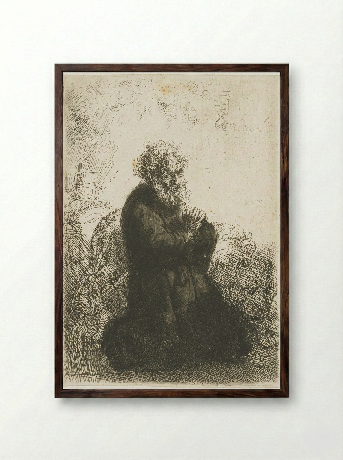 Saint Jerome Kneeling in Prayer, Looking Down - Rembrandt van Rijn - Framed Print Dark Wood