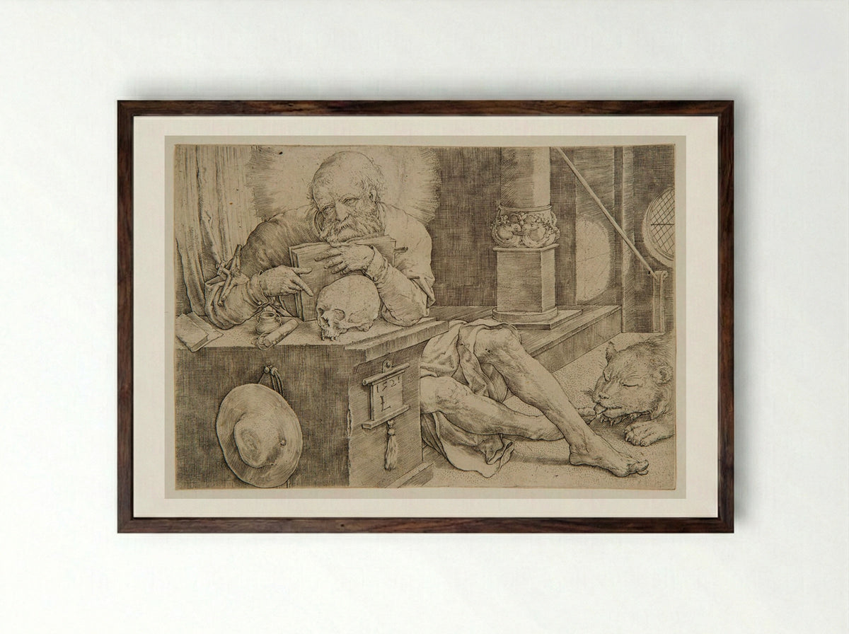 Saint Jerome in His Chamber - Lucas van Leyden - Framed Print Dark Wood