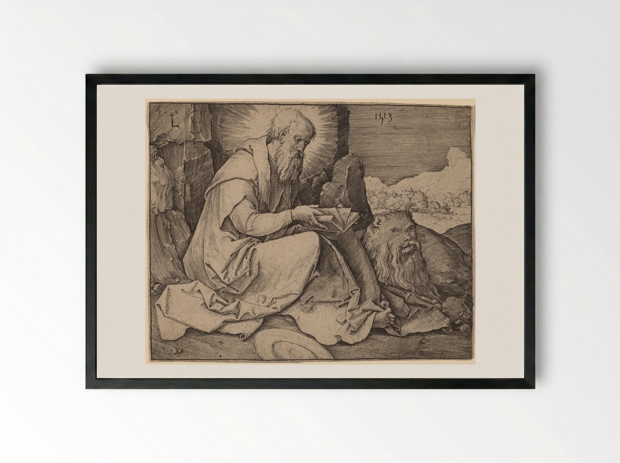 Saint Jerome in a Landscape - Lucas van Leyden - Framed Print Black