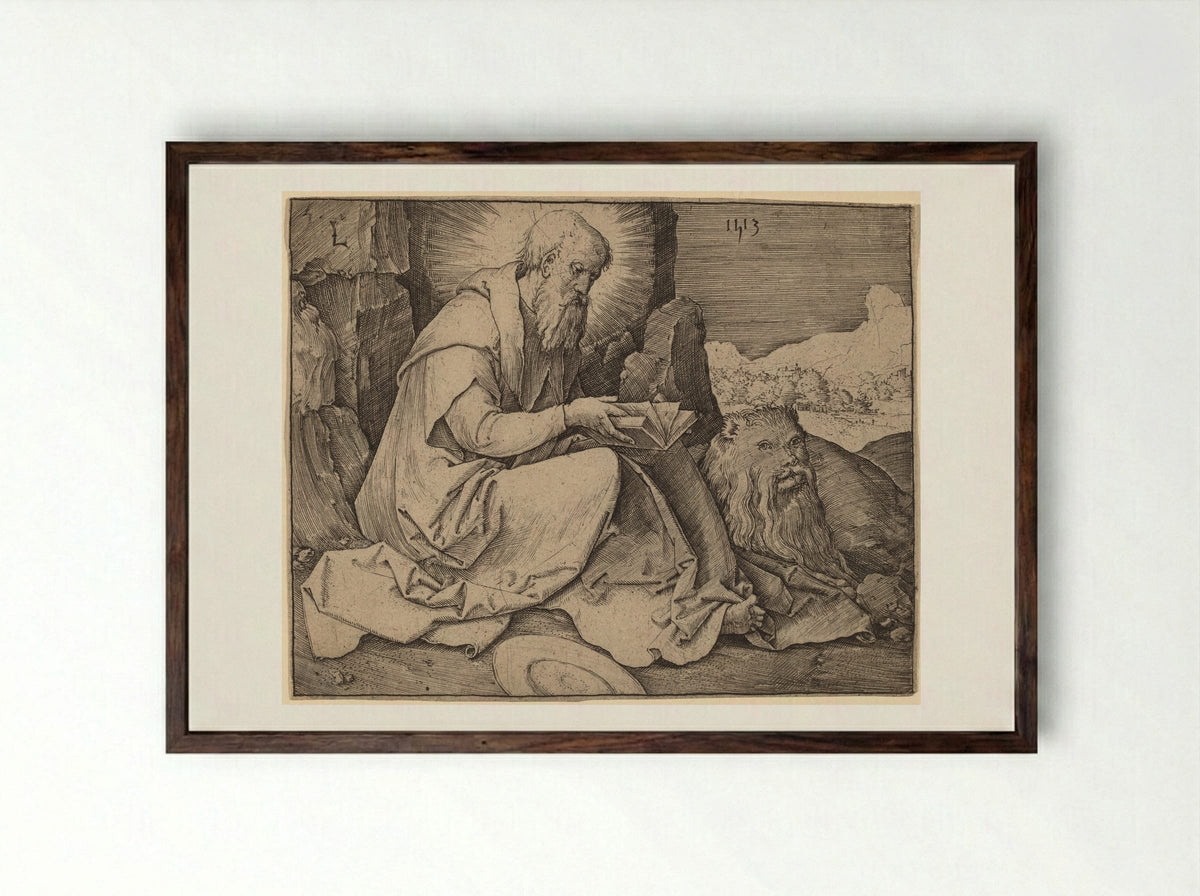 Saint Jerome in a Landscape - Lucas van Leyden - Framed Print Dark Wood