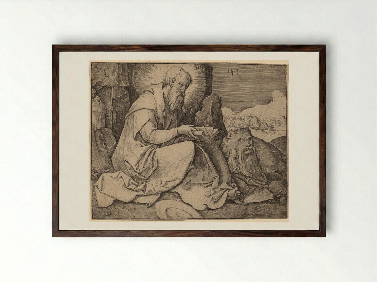 Saint Jerome in a Landscape - Lucas van Leyden - Framed Print Dark Wood