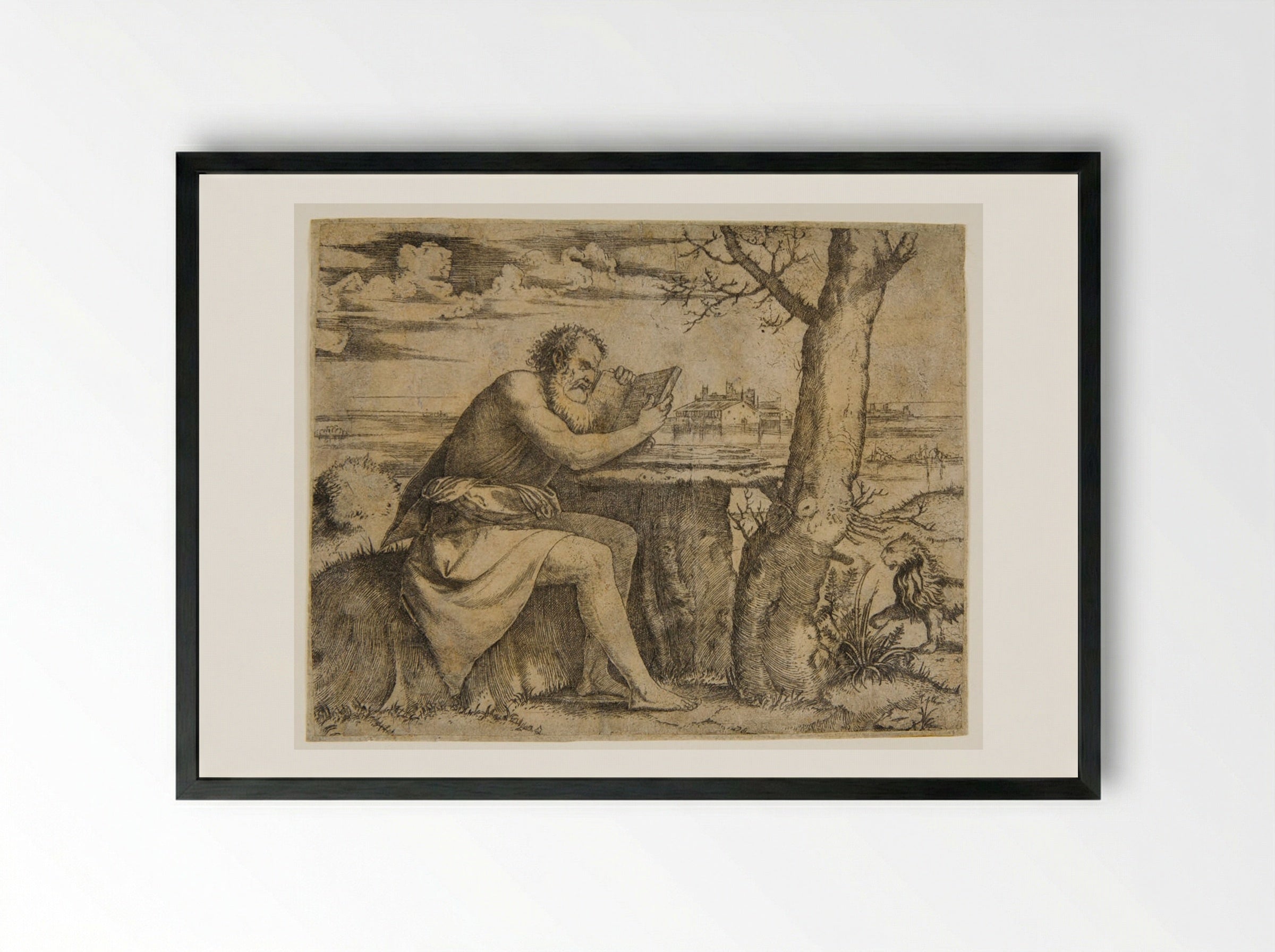 Saint Jerome in the Desert - Marcantonio Raimondi - Framed Print Black