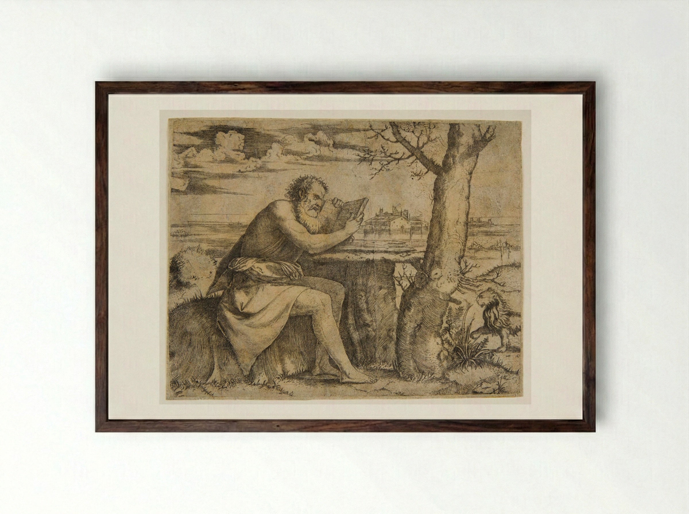 Saint Jerome in the Desert - Marcantonio Raimondi - Framed Print Dark Wood
