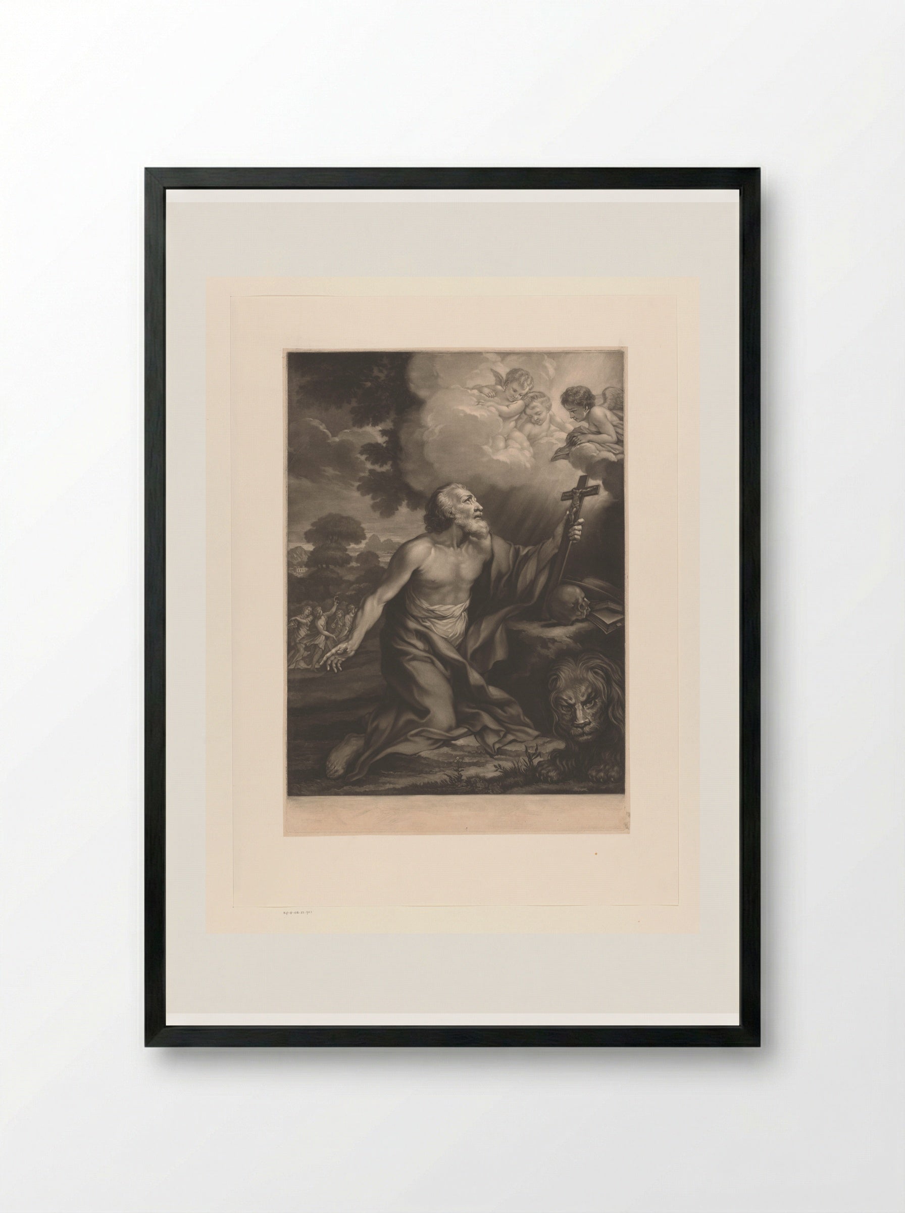 Saint Jerome with Crucifix, Book and Skull - James McArdell - Framed Print Black