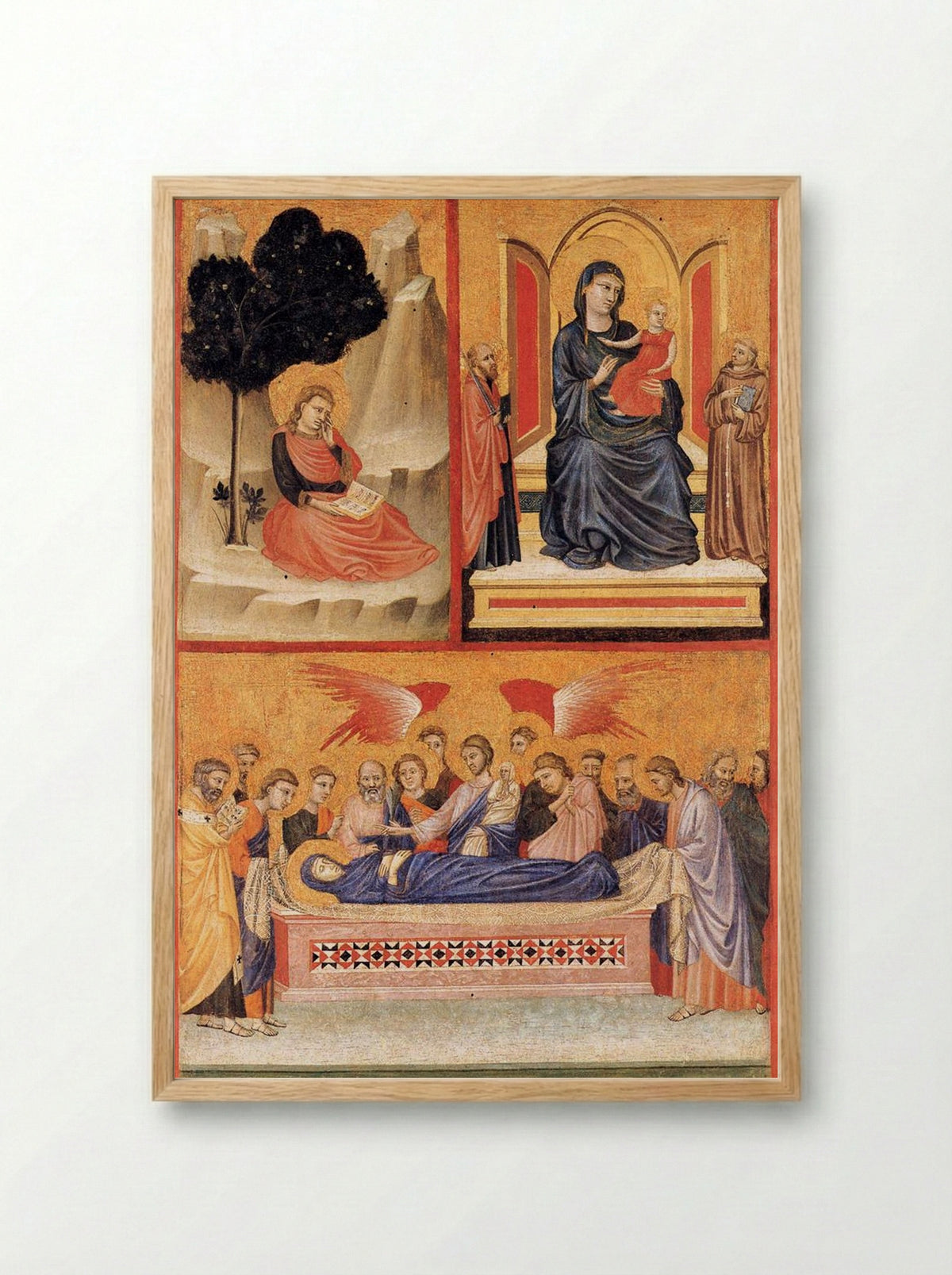 Saint John on Patmos, Madonna and Child Enthroned, and Death of the Virgin - Pacino di Bonaguida - Framed Print Wood