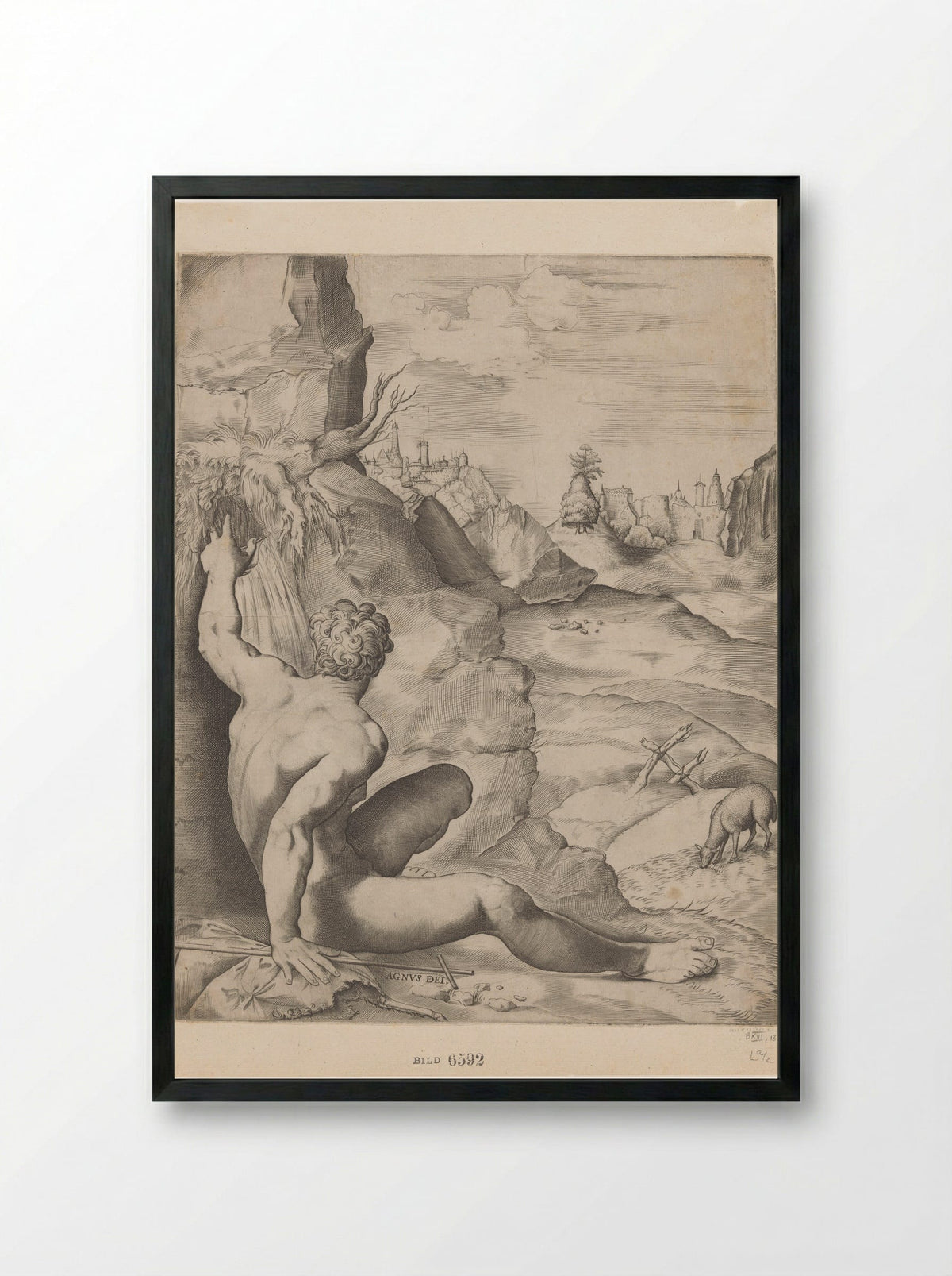 Saint John the Baptist in the Wilderness - Giulio Sanuto - Framed Print Black