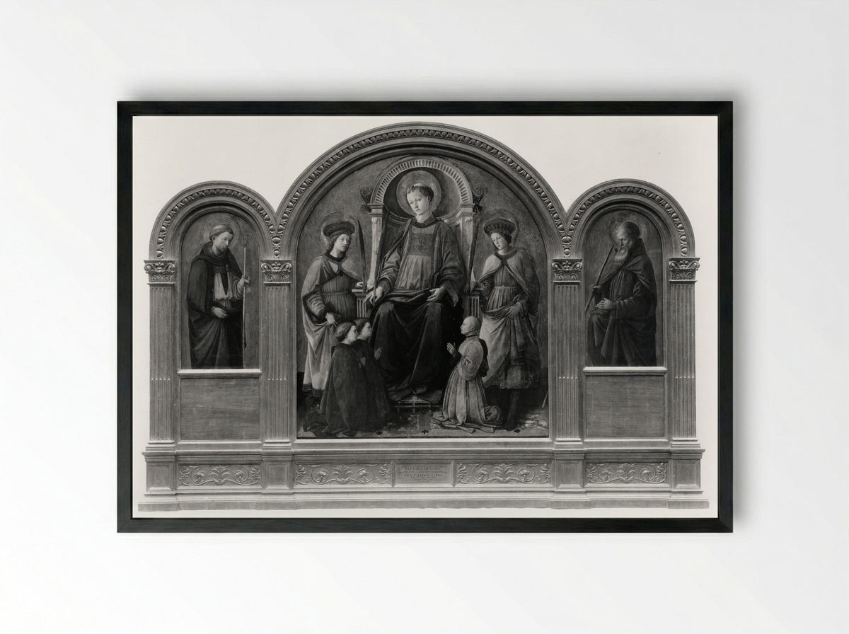 Saint Lawrence Enthroned with Saints and Donors - Fra Filippo Lippi - Framed Print Black