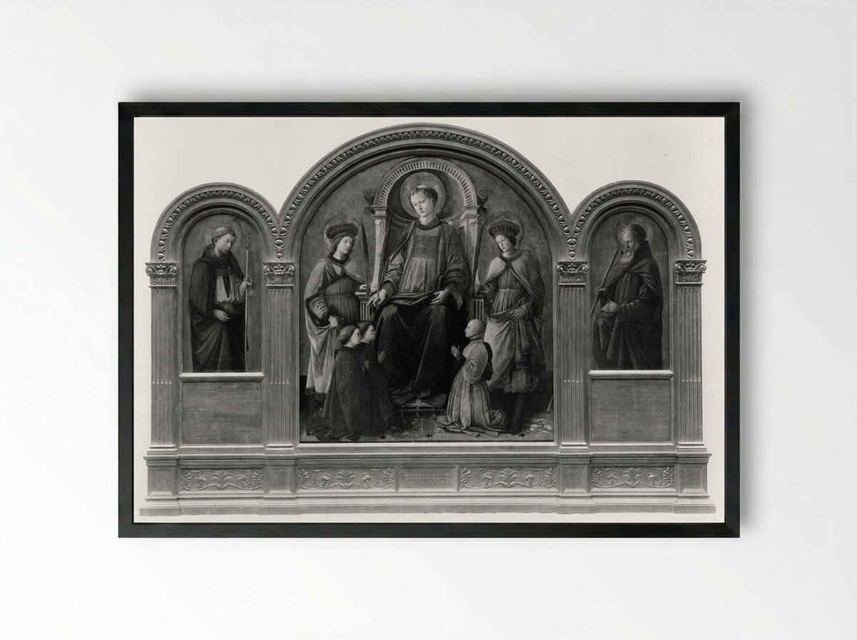 Saint Lawrence Enthroned with Saints and Donors - Fra Filippo Lippi - Framed Print Black