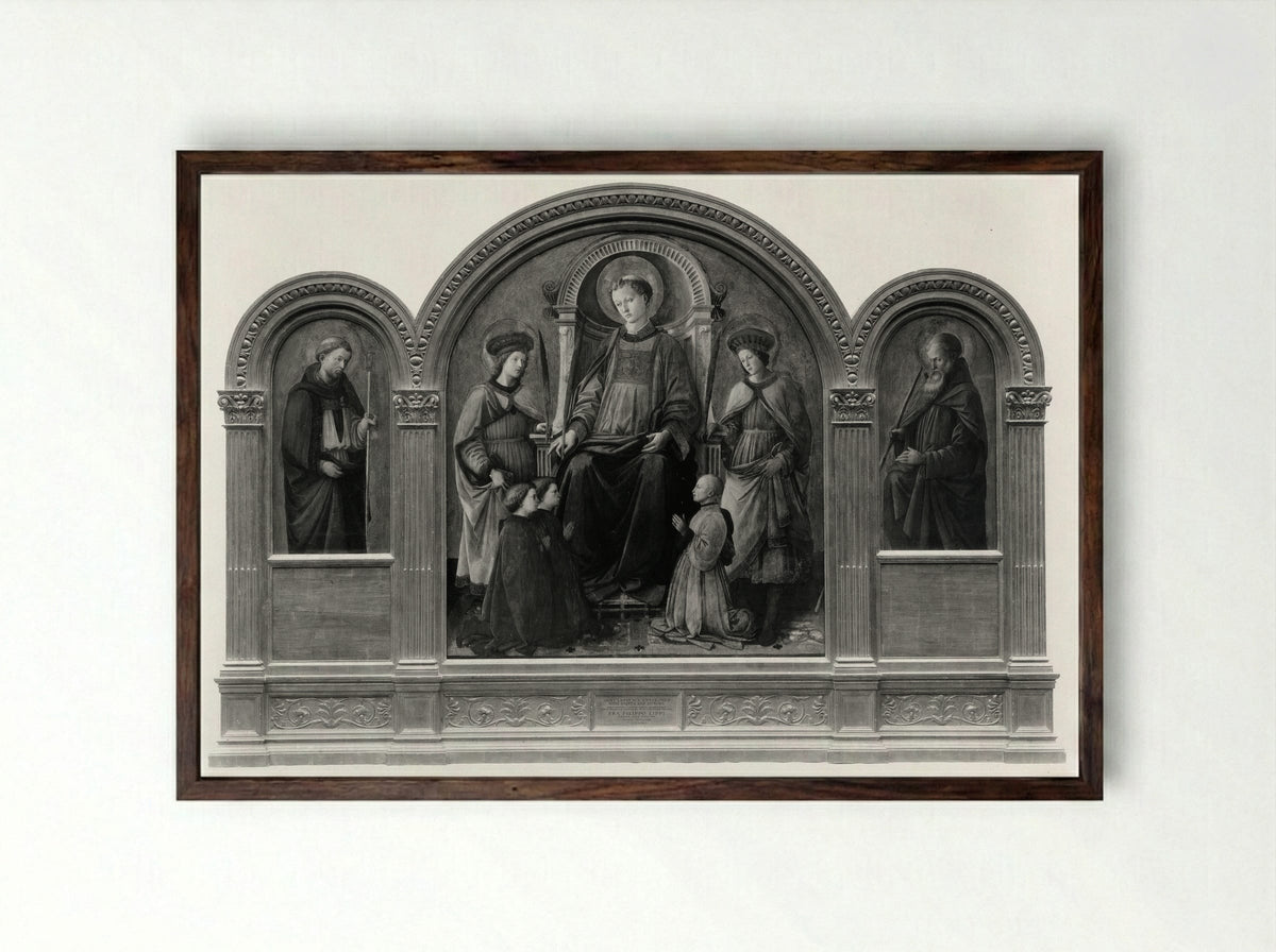 Saint Lawrence Enthroned with Saints and Donors - Fra Filippo Lippi - Framed Print Dark Wood