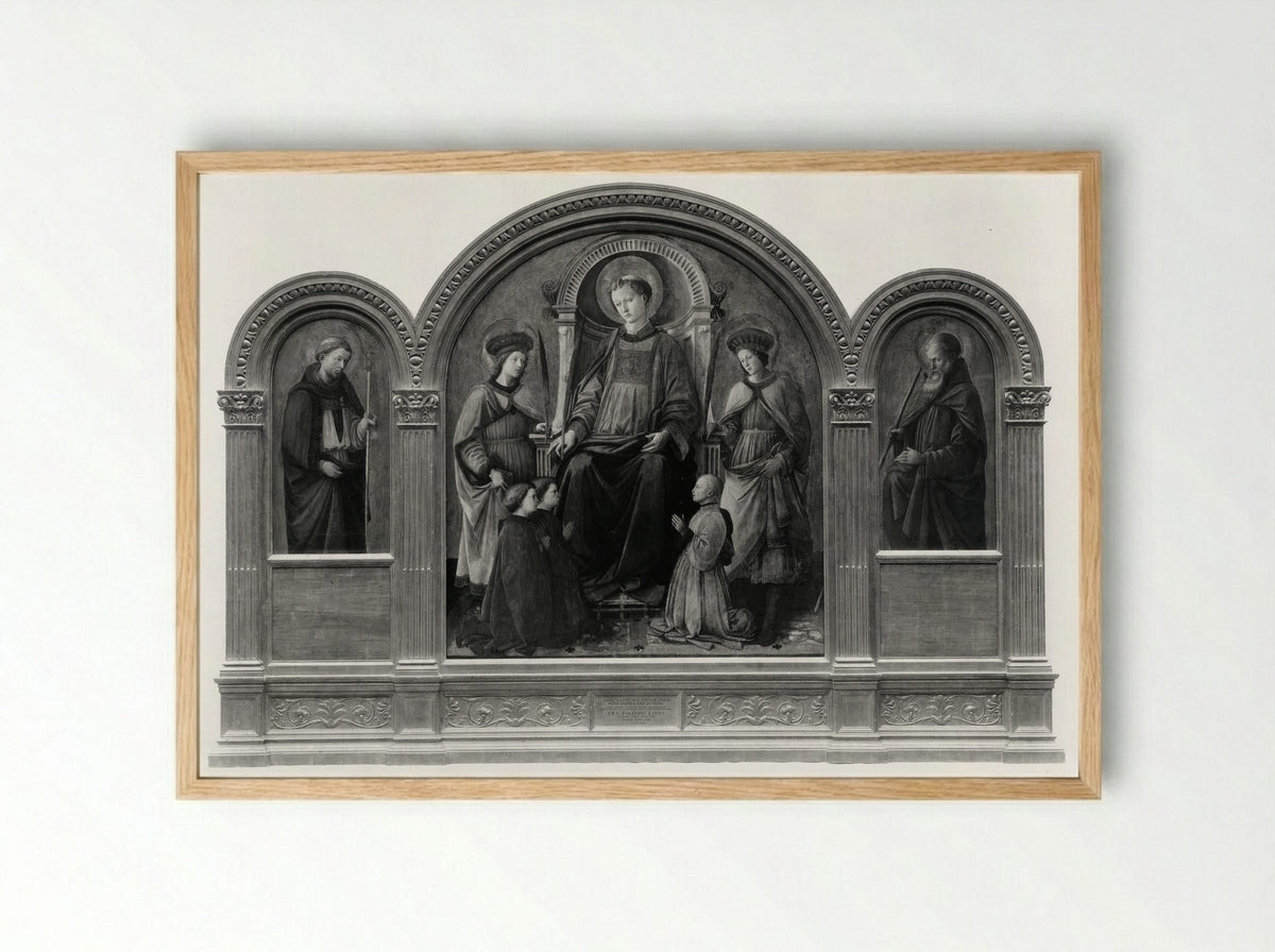 Saint Lawrence Enthroned with Saints and Donors - Fra Filippo Lippi - Framed Print Wood