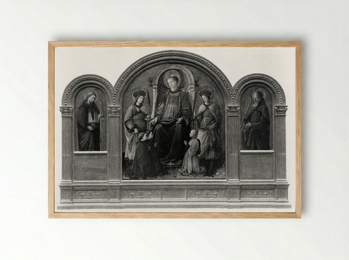 Saint Lawrence Enthroned with Saints and Donors - Fra Filippo Lippi - Framed Print Wood