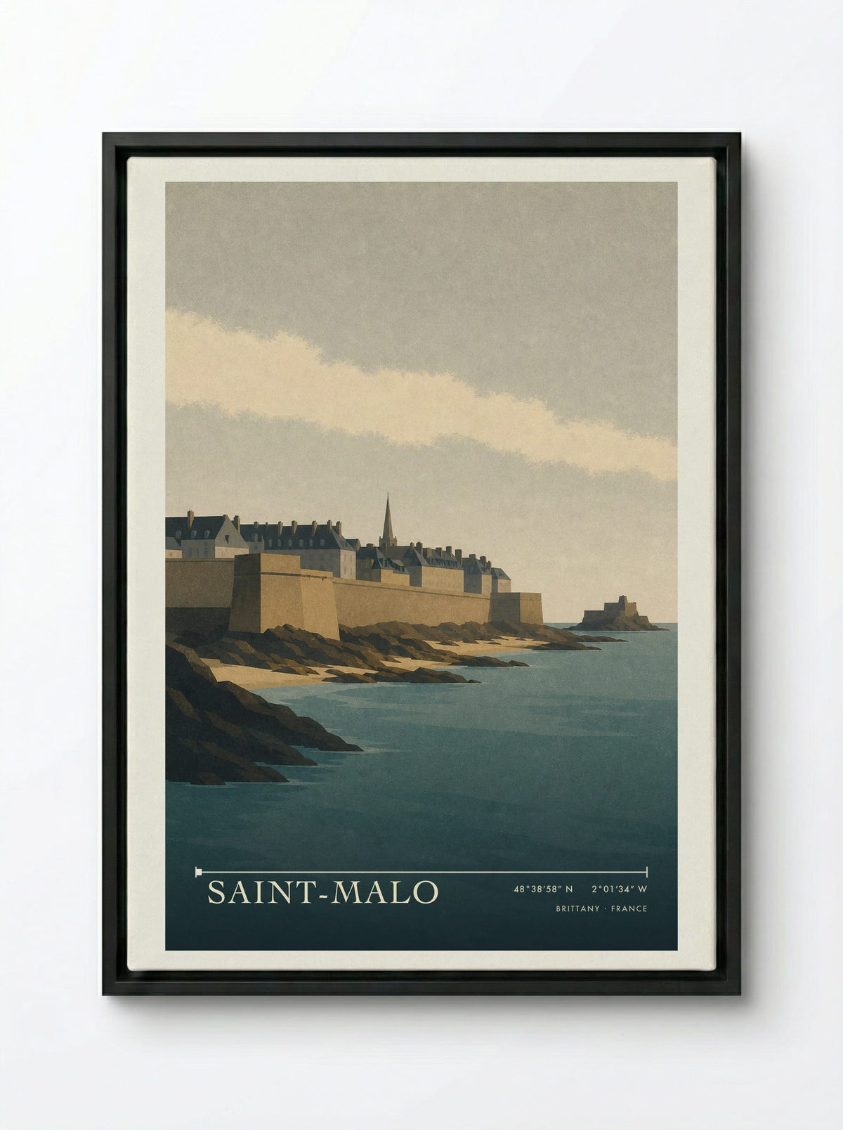 Saint-Malo Travel Poster Artwork - Framed Canvas Black