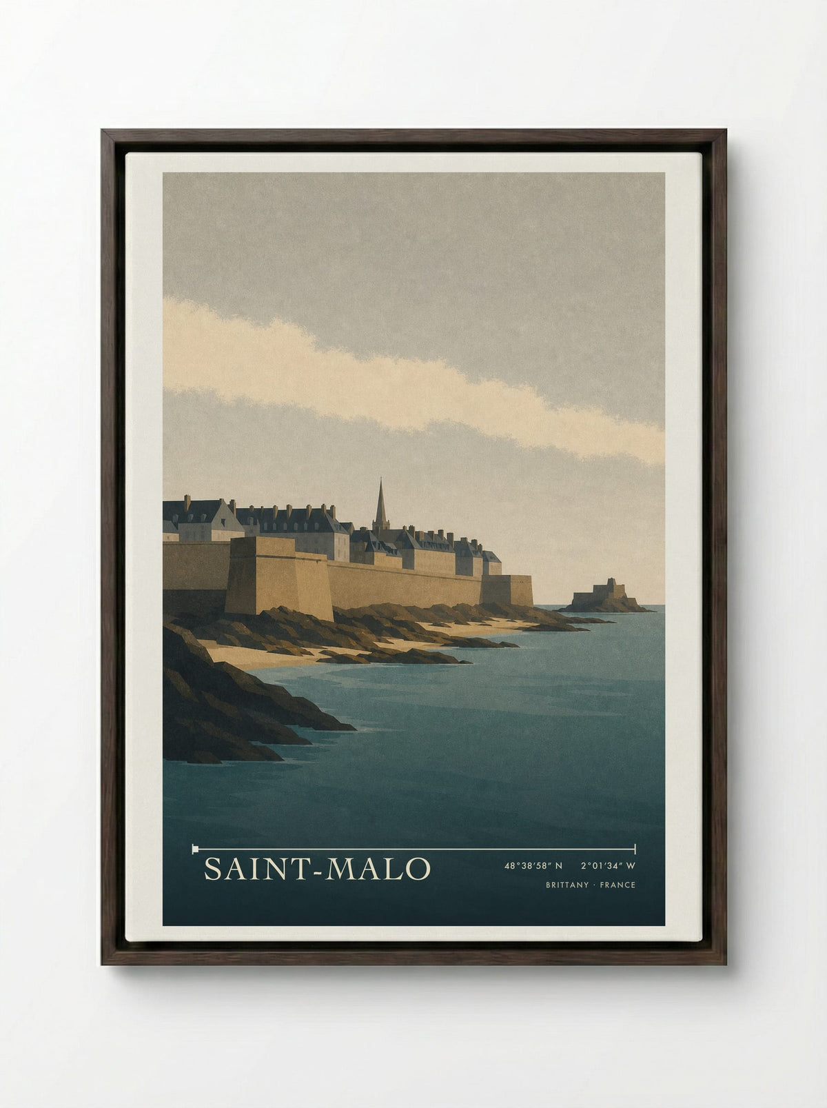Saint-Malo Travel Poster Artwork - Framed Canvas Dark Wood