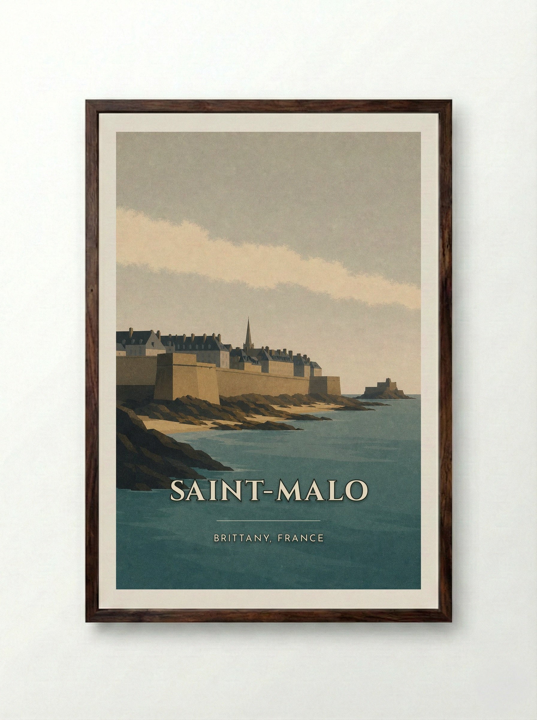 Saint-Malo Travel Poster Artwork - Framed Print Dark Wood