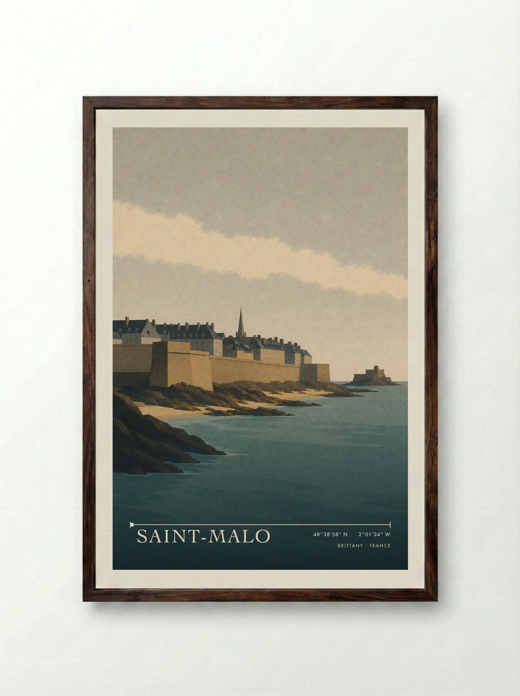 Saint-Malo Travel Poster Artwork - Framed Print Dark Wood