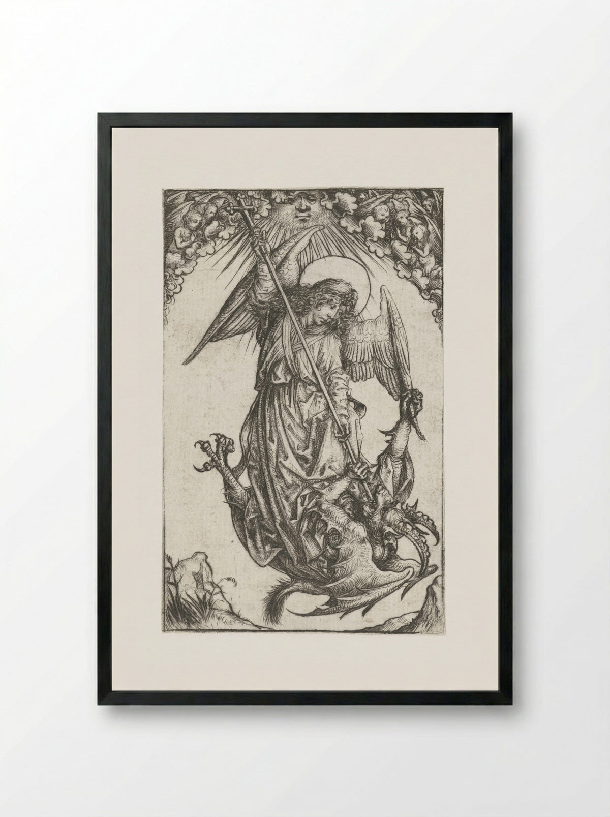 Saint Michael Fighting the Dragon - Master of the Amsterdam Cabinet - Framed Print Black