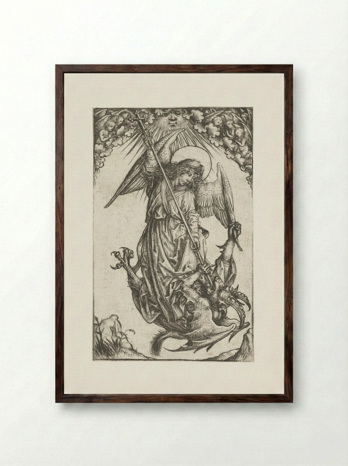 Saint Michael Fighting the Dragon - Master of the Amsterdam Cabinet - Framed Print Dark Wood