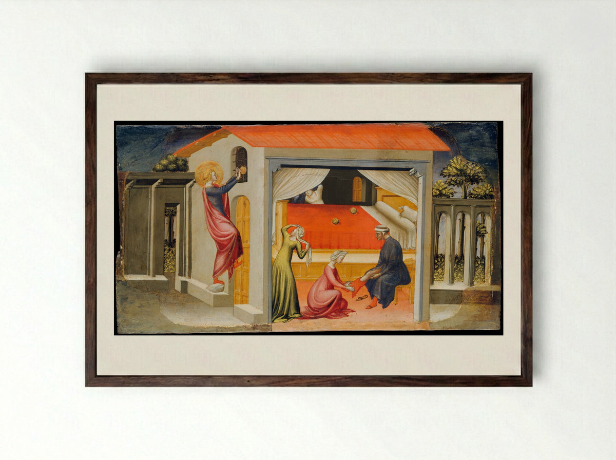Saint Nicholas Providing Dowries - Bicci di Lorenzo - Framed Print Dark Wood