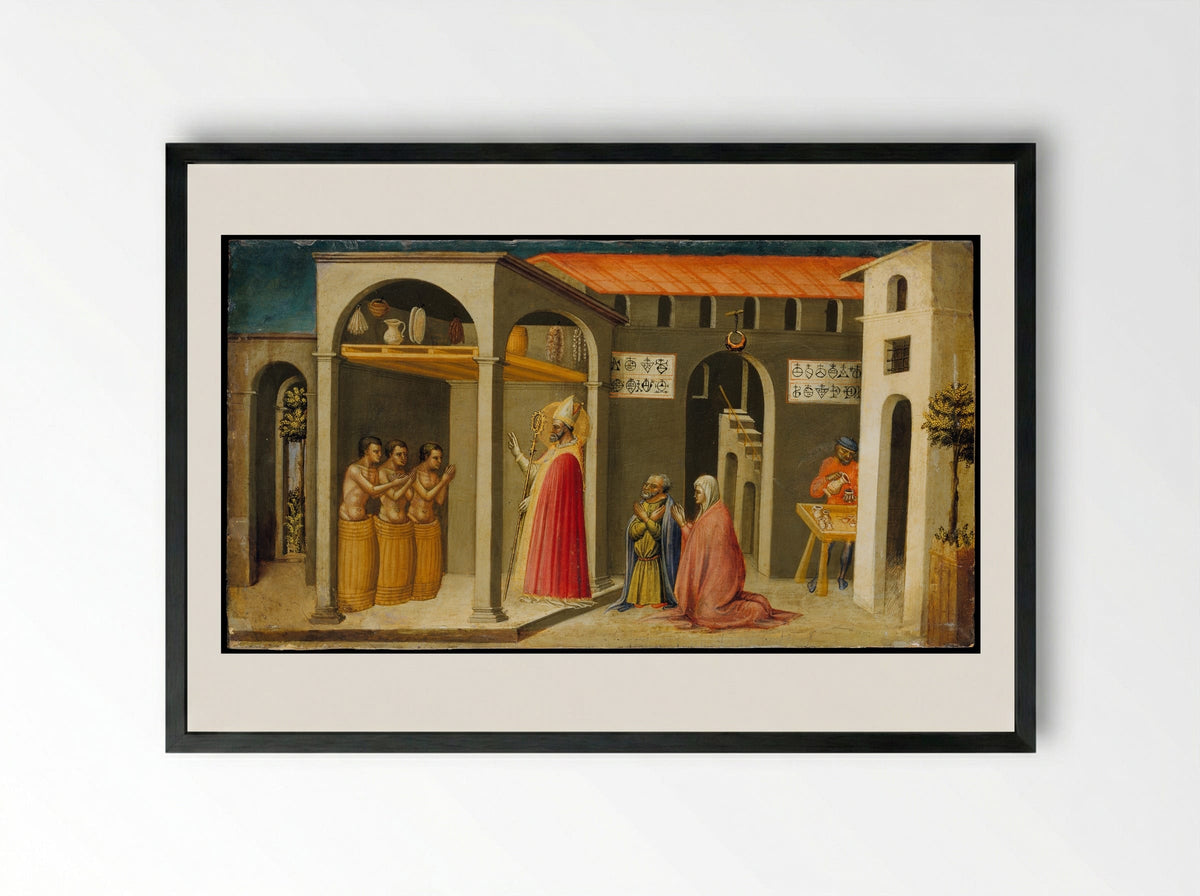 Saint Nicholas Resuscitating Three Youths - Bicci di Lorenzo - Framed Print Black