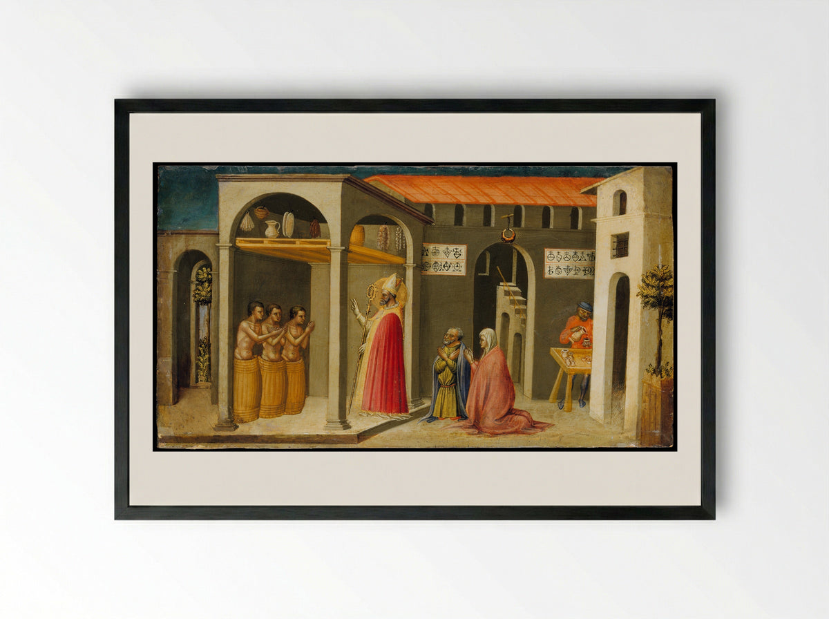 Saint Nicholas Resuscitating Three Youths - Bicci di Lorenzo - Framed Print Black