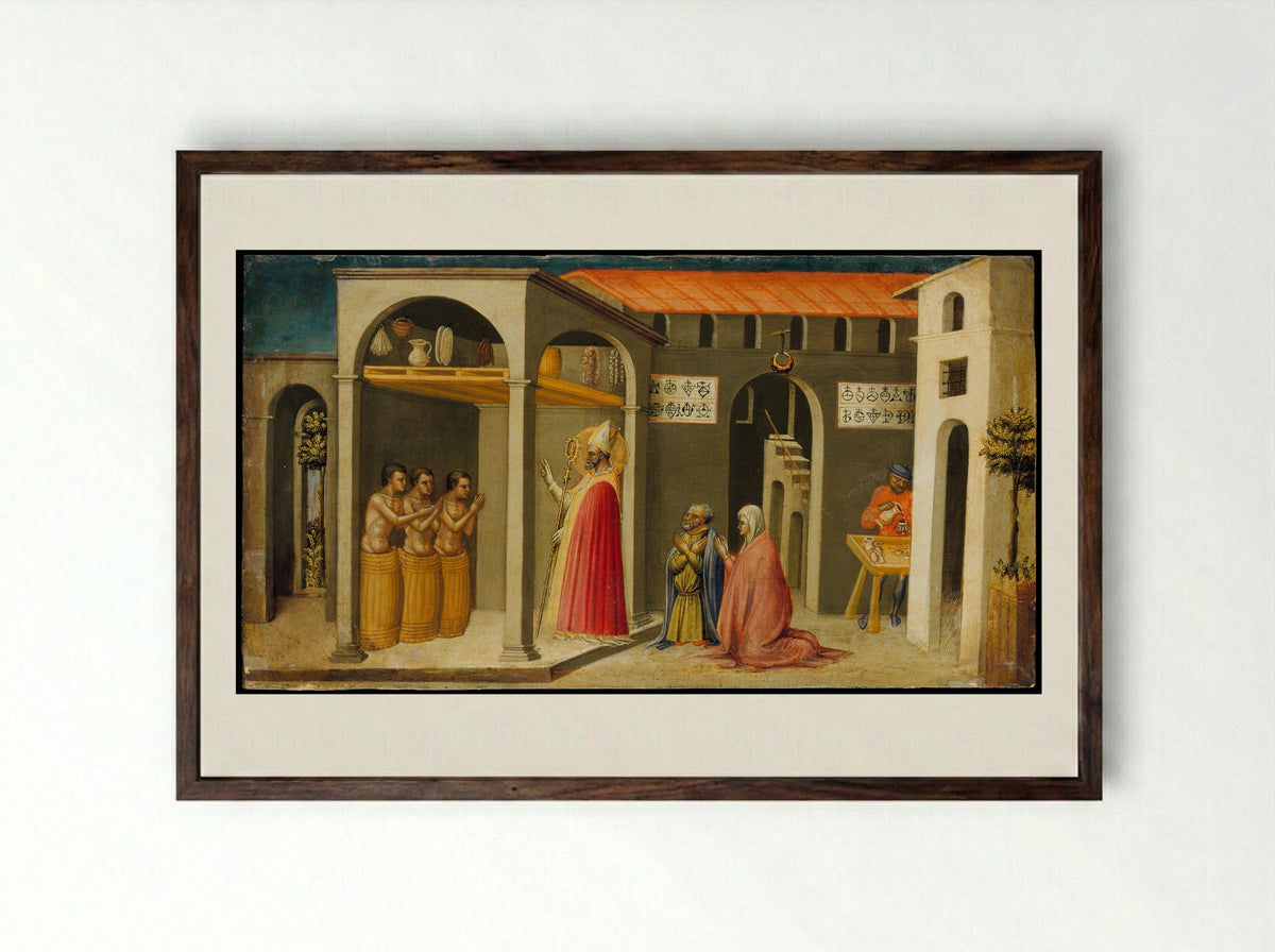 Saint Nicholas Resuscitating Three Youths - Bicci di Lorenzo - Framed Print Dark Wood