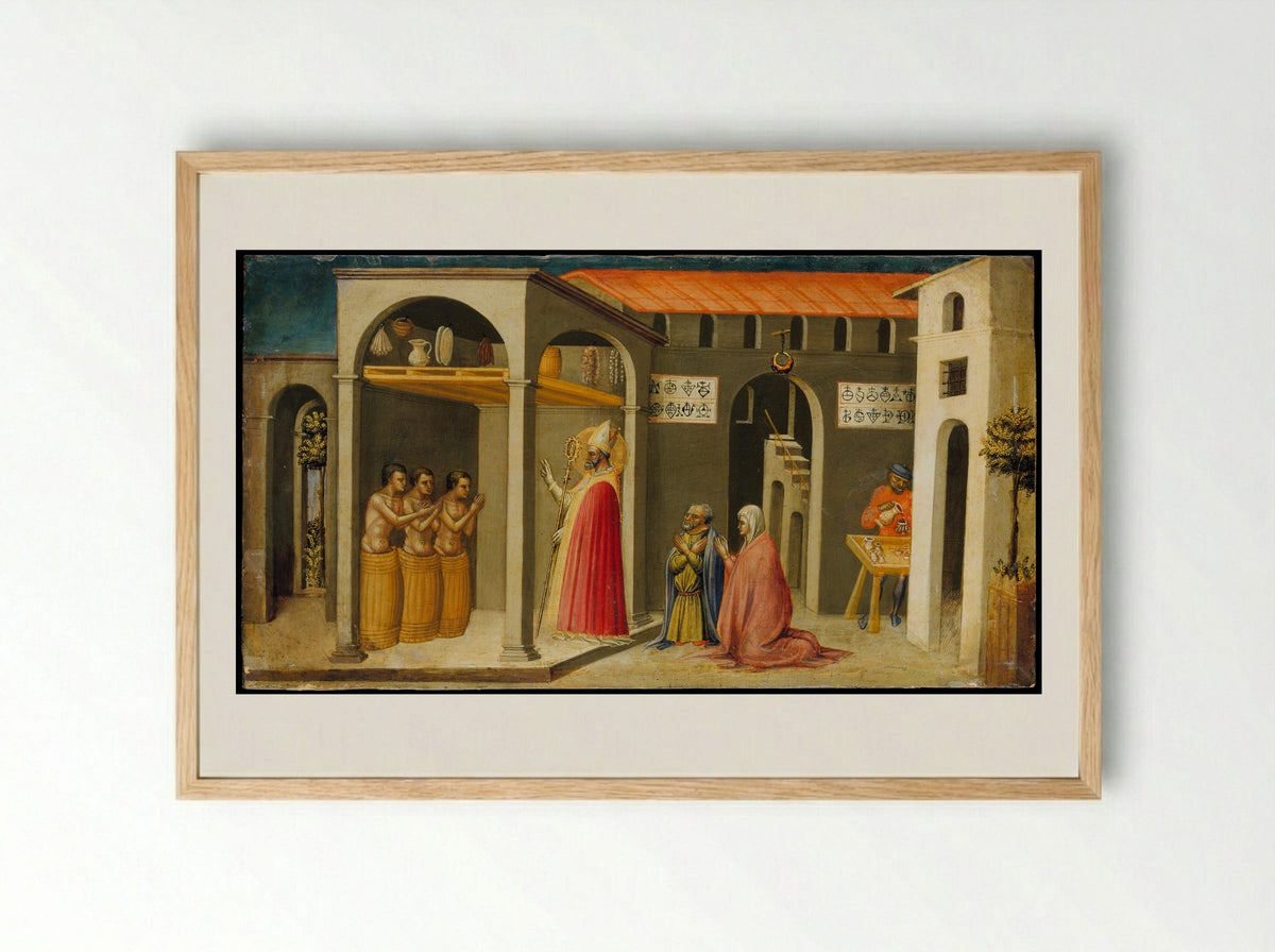 Saint Nicholas Resuscitating Three Youths - Bicci di Lorenzo - Framed Print Wood