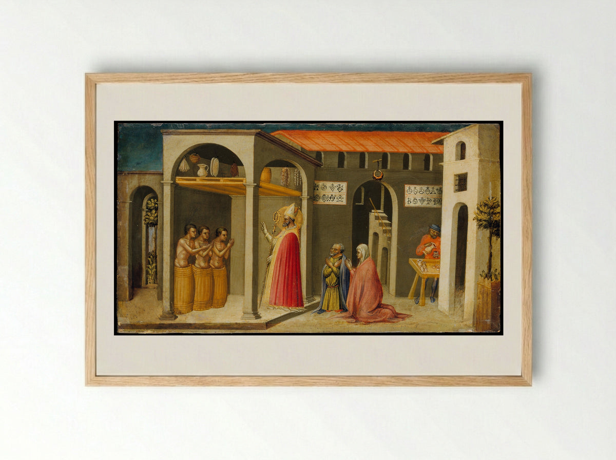 Saint Nicholas Resuscitating Three Youths - Bicci di Lorenzo - Framed Print Wood