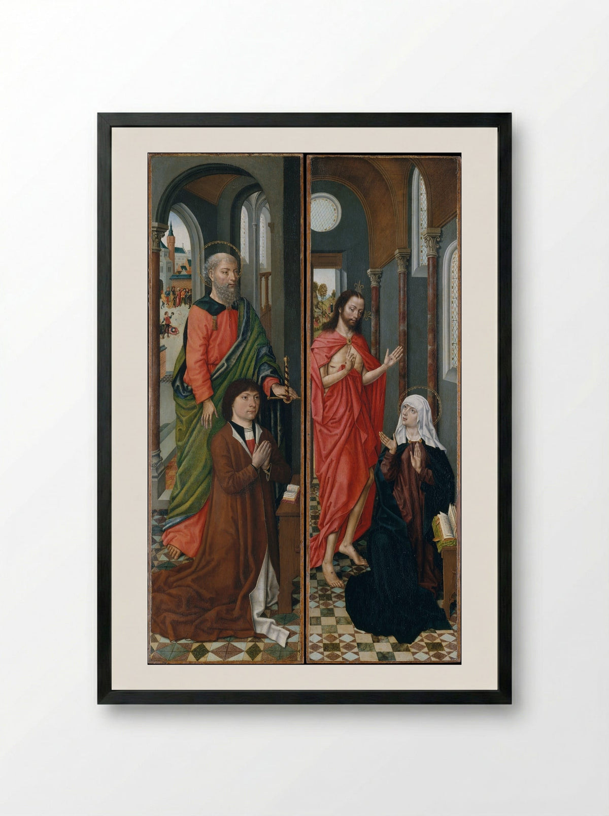 Saint Paul with a Donor; Christ Appearing to His Mother - Master of the Saint Ursula Legend - Framed Print Black