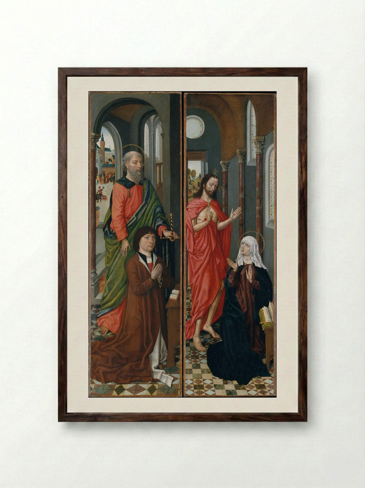 Saint Paul with a Donor; Christ Appearing to His Mother - Master of the Saint Ursula Legend - Framed Print Dark Wood