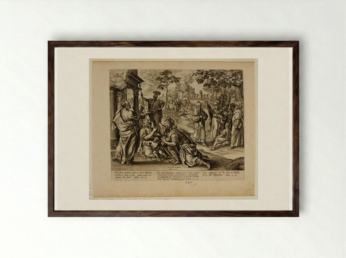 Saint Peter Preaching to the Gentiles in Caesarea - Johannes Wierix - Framed Print Dark Wood