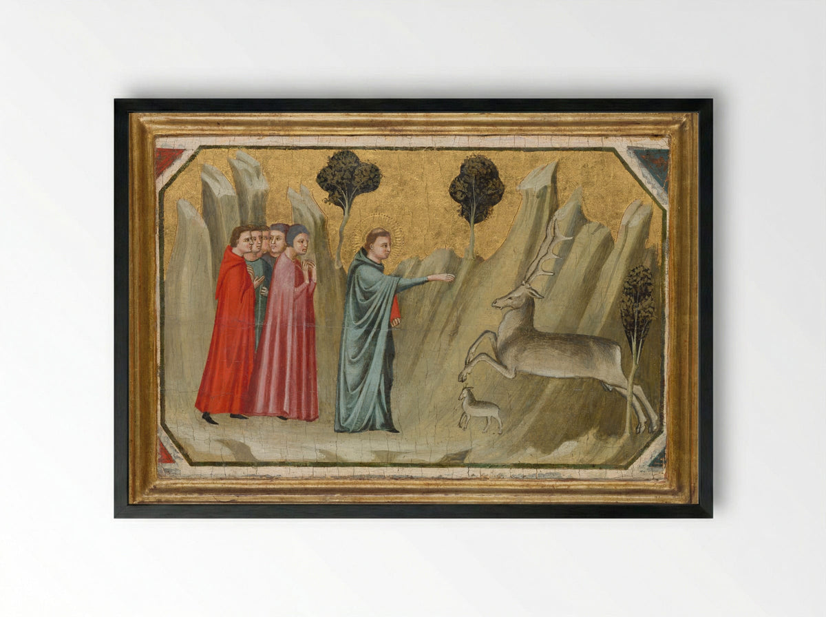 Saint Proculus on a Journey Stops a Doe in the Wilderness - Pacino di Bonaguida - Framed Print Black