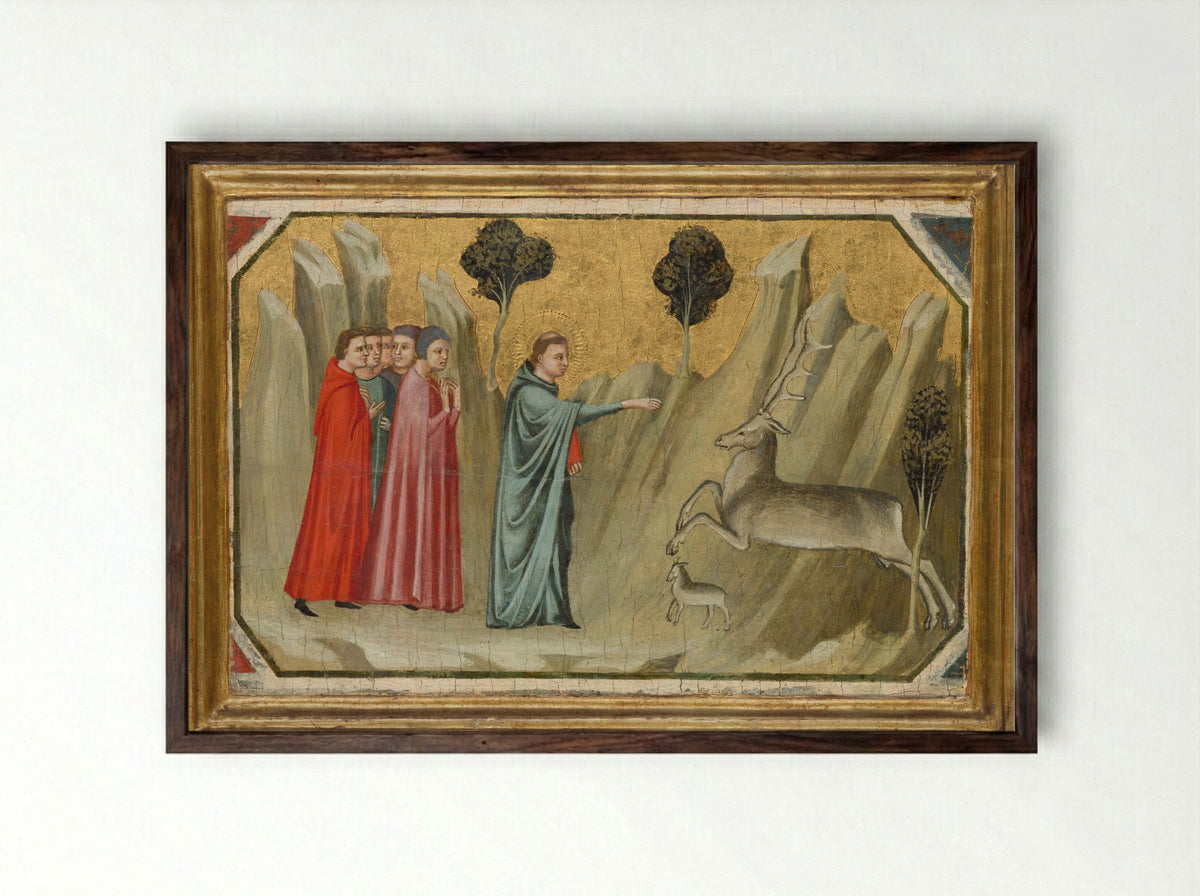 Saint Proculus on a Journey Stops a Doe in the Wilderness - Pacino di Bonaguida - Framed Print Dark Wood