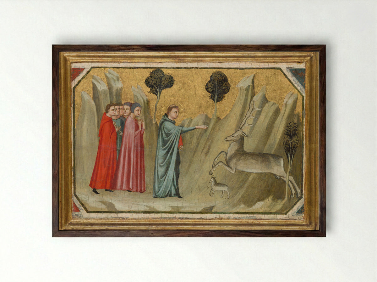 Saint Proculus on a Journey Stops a Doe in the Wilderness - Pacino di Bonaguida - Framed Print Dark Wood