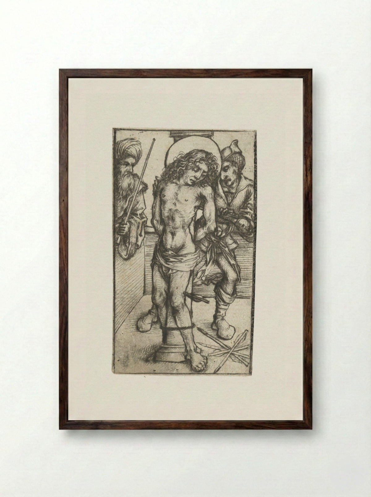 Saint Sebastian at the Whipping Post - Master of the Amsterdam Cabinet - Framed Print Dark Wood
